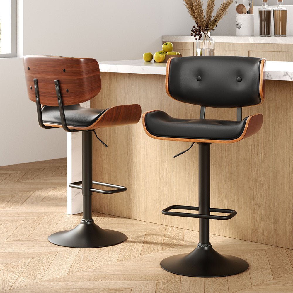 Set of 2 Elijah Kitchen Bar Stools with Gas Lift Wood & Black Leather - Furniture > Bar Stools & Chairs - Rivercity House & Home Co. (ABN 18 642 972 209) - Affordable Modern Furniture Australia