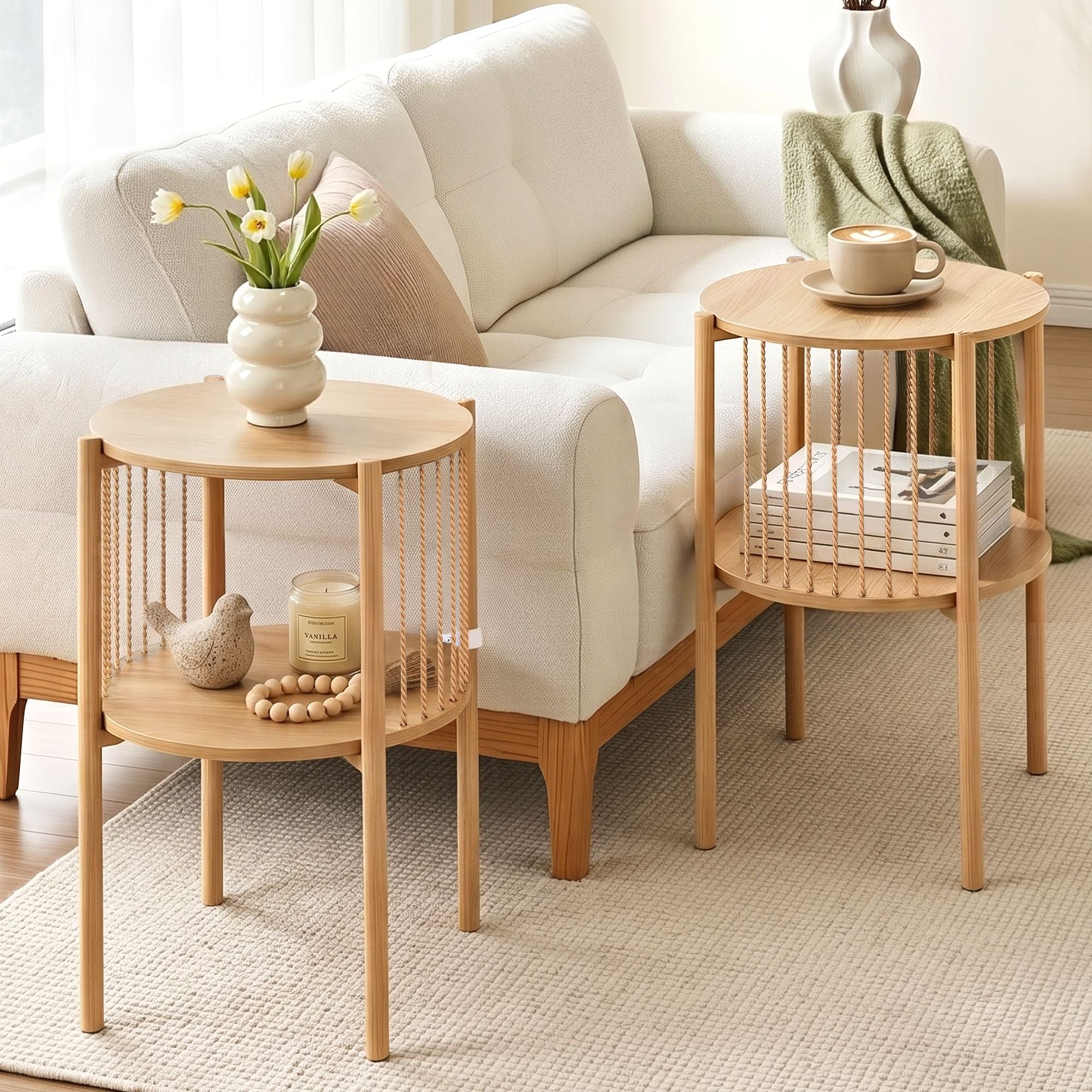 Set of 2 End Tables Coffee Table 2 - Tier Round Wood - Furniture > Living Room > Coffee Tables - Rivercity House & Home Co. (ABN 18 642 972 209) - Affordable Modern Furniture Australia