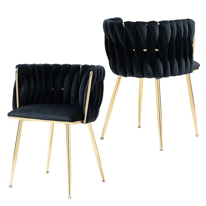 Set of 2 Handwoven Velvet Dining Chairs with Gold Legs and Armrest - Black - Furniture > Dining > Kitchen & Dining Chairs - Rivercity House & Home Co. (ABN 18 642 972 209) - Affordable Modern Furniture Australia