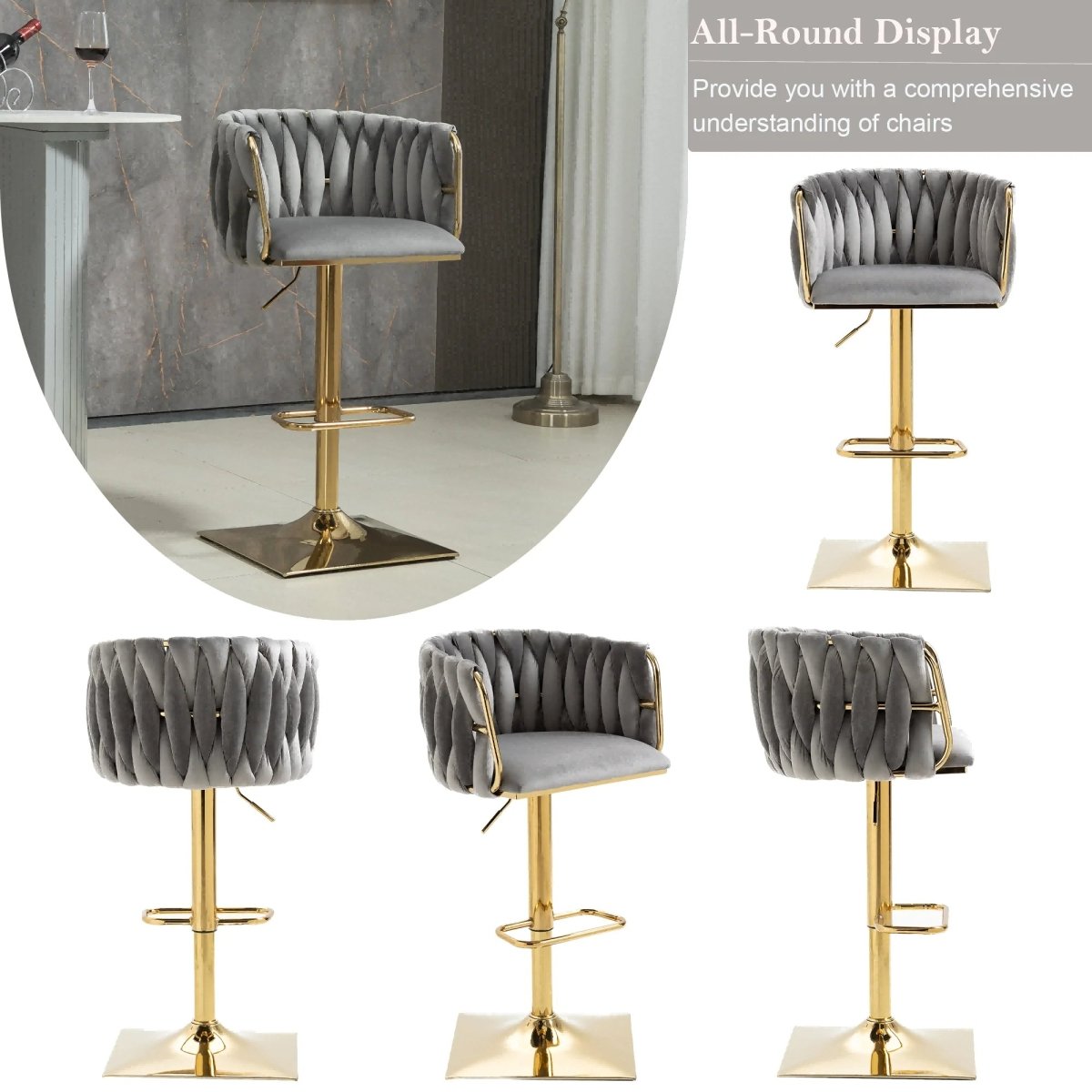 Set of 2 Marlowe Velvet Bar Stools - Grey with Gold Base - Furniture > Bar Stools & Chairs > Table & Bar Stools - Rivercity House & Home Co. (ABN 18 642 972 209) - Affordable Modern Furniture Australia