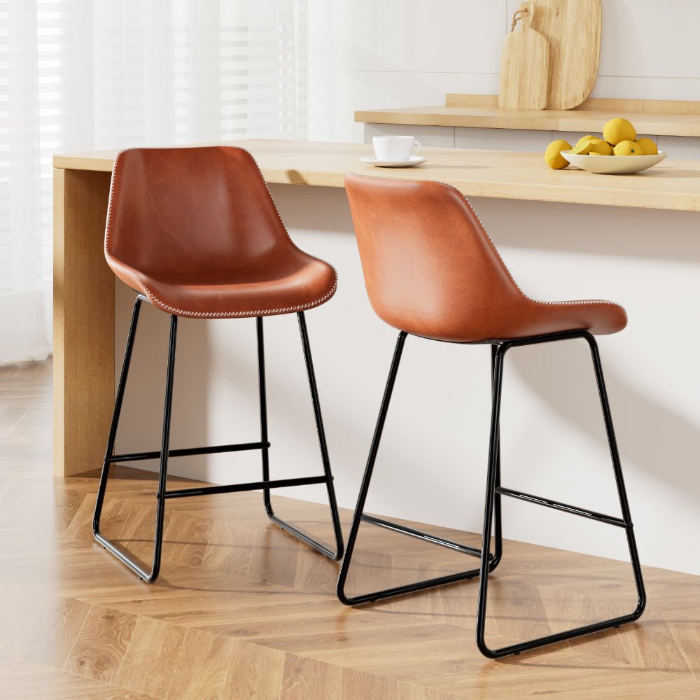 Set of 2 Metal Bar Stools (Brown PU Leather) - Rivercity House & Home Co. (ABN 18 642 972 209) - Affordable Modern Furniture Australia