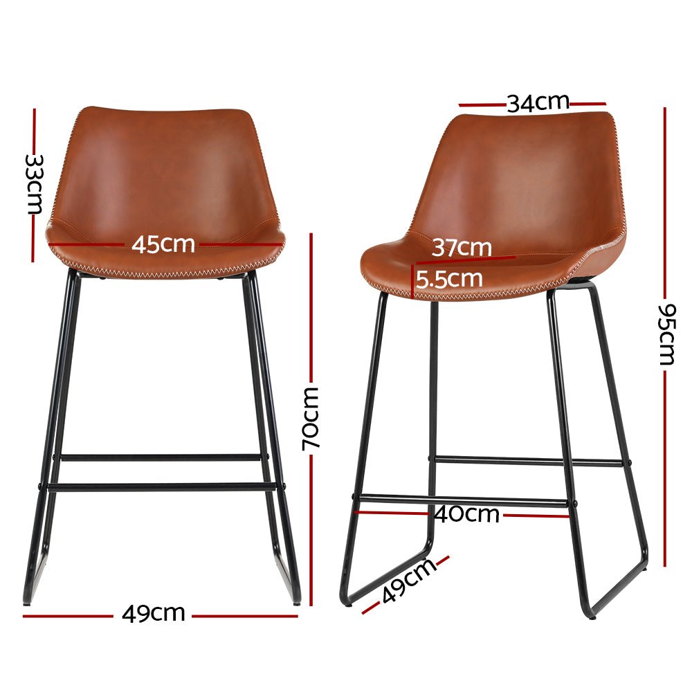 Set of 2 Metal Bar Stools (Brown PU Leather) - Rivercity House & Home Co. (ABN 18 642 972 209) - Affordable Modern Furniture Australia