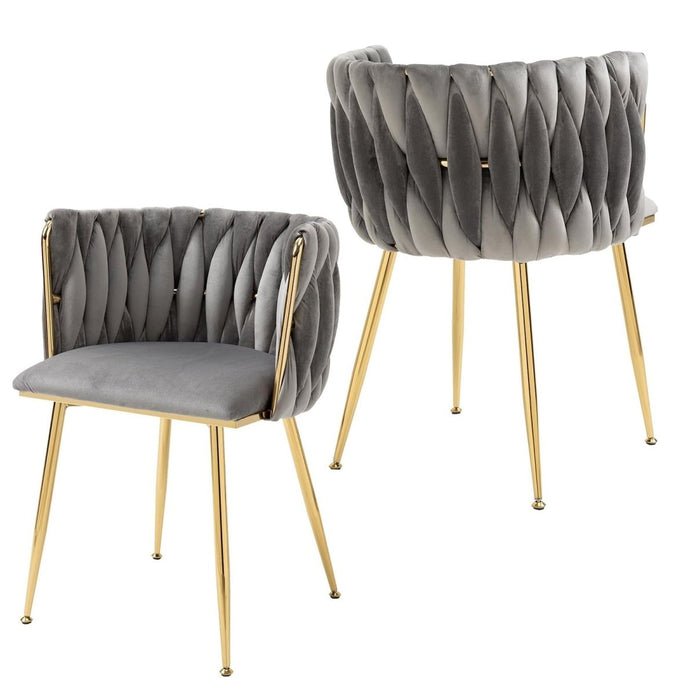 Set of 2 Modern Handwoven Velvet Dining Chairs with Armrest and Gold Legs - Grey - Furniture > Dining > Kitchen & Dining Chairs - Rivercity House & Home Co. (ABN 18 642 972 209) - Affordable Modern Furniture Australia