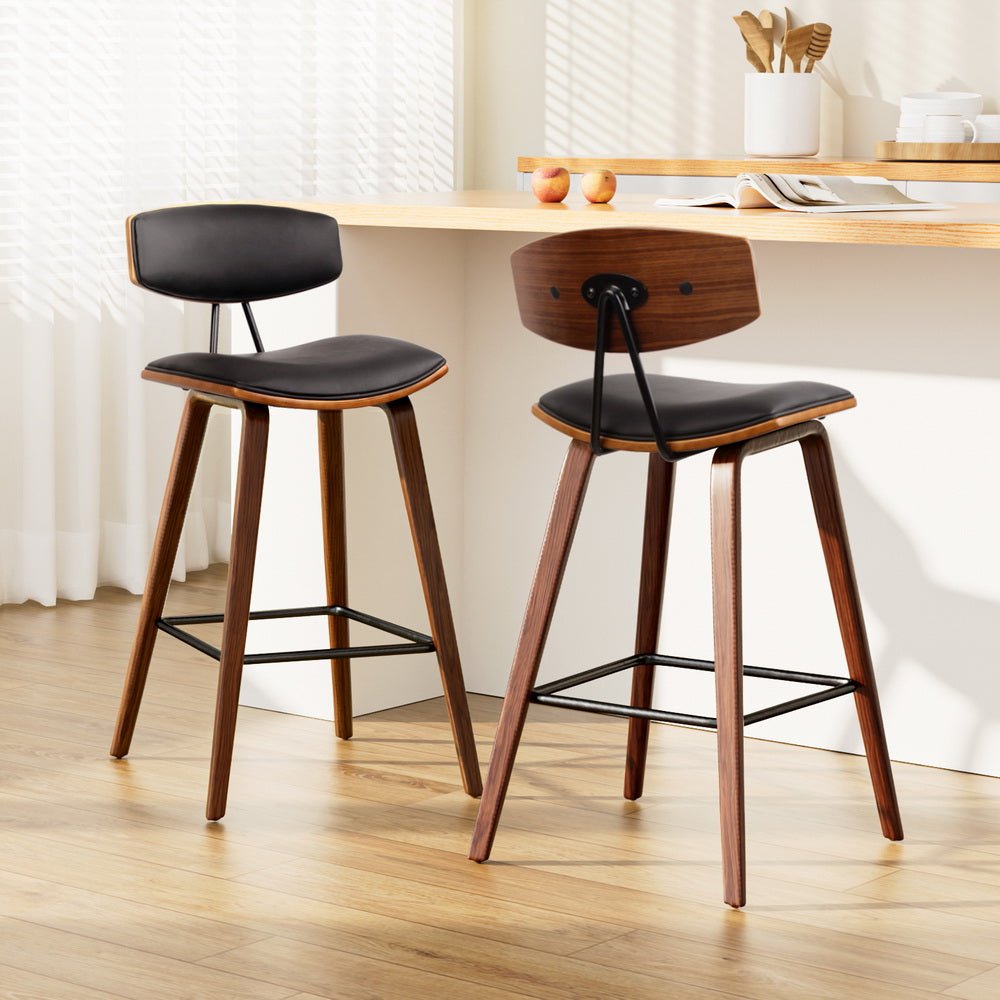 Set of 2 PU Leather Circular Footrest Bar Stools - Black - Rivercity House & Home Co. (ABN 18 642 972 209) - Affordable Modern Furniture Australia