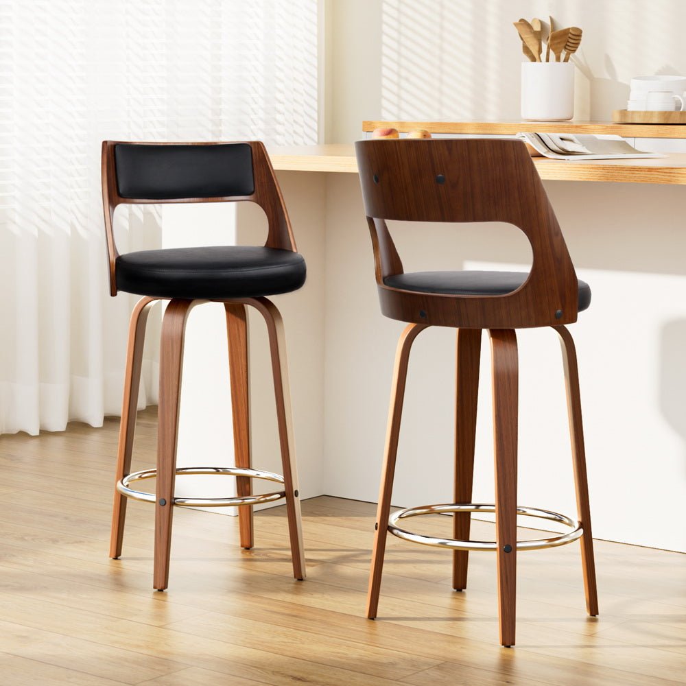 Set of 2 Wooden Bar Stools PU Leather - Black and Wood - Rivercity House & Home Co. (ABN 18 642 972 209) - Affordable Modern Furniture Australia