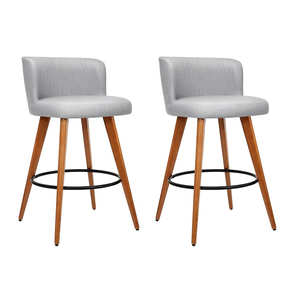 Set of 2 Wooden Fabric Bar Stools Circular Footrest - Light Grey - Rivercity House & Home Co. (ABN 18 642 972 209) - Affordable Modern Furniture Australia