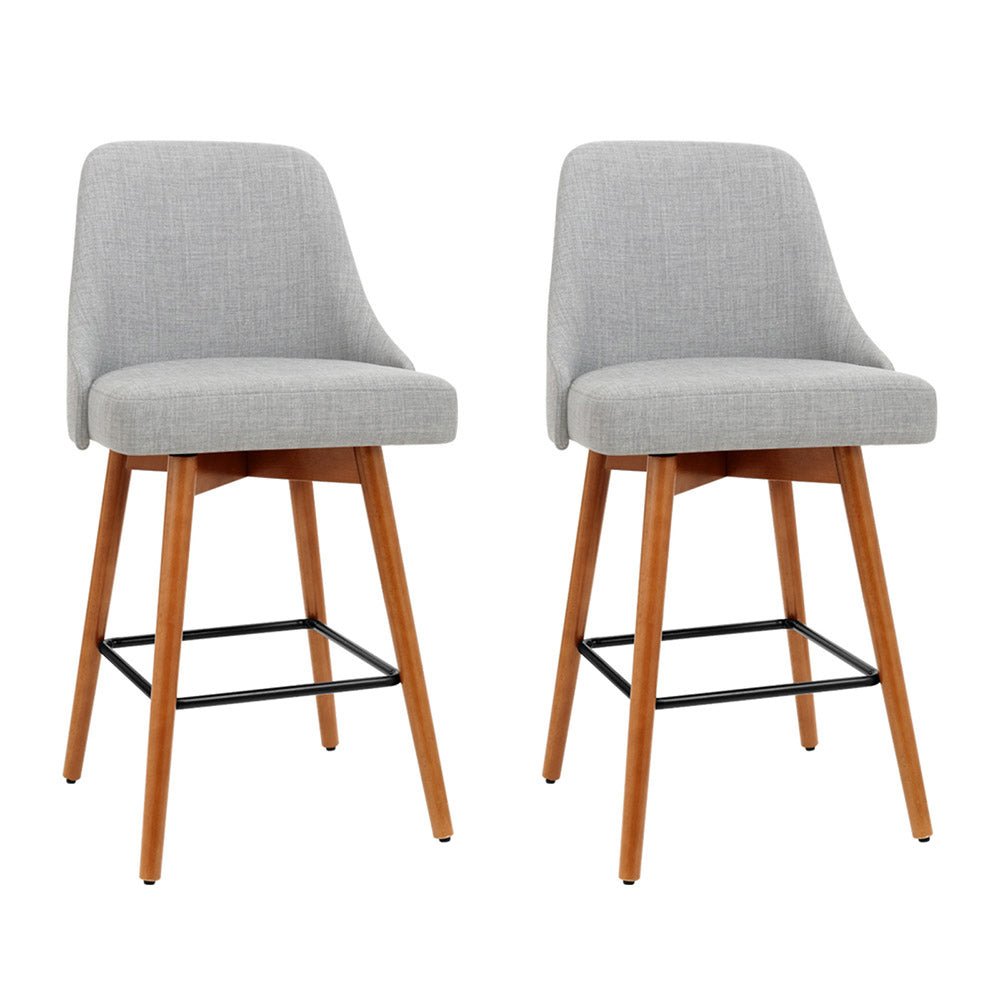 Set of 2 Wooden Fabric Bar Stools Square Footrest - Light Grey - Rivercity House & Home Co. (ABN 18 642 972 209) - Affordable Modern Furniture Australia