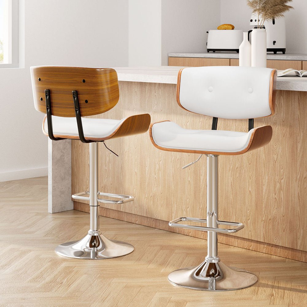 Set of 2 Wooden Gas Lift Bar Stools - White and Chrome - Rivercity House & Home Co. (ABN 18 642 972 209) - Affordable Modern Furniture Australia