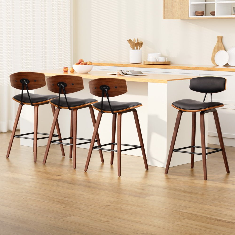 Set of 4 Luxe PU Leather Circular Footrest Bar Stools - Black - Rivercity House & Home Co. (ABN 18 642 972 209) - Affordable Modern Furniture Australia