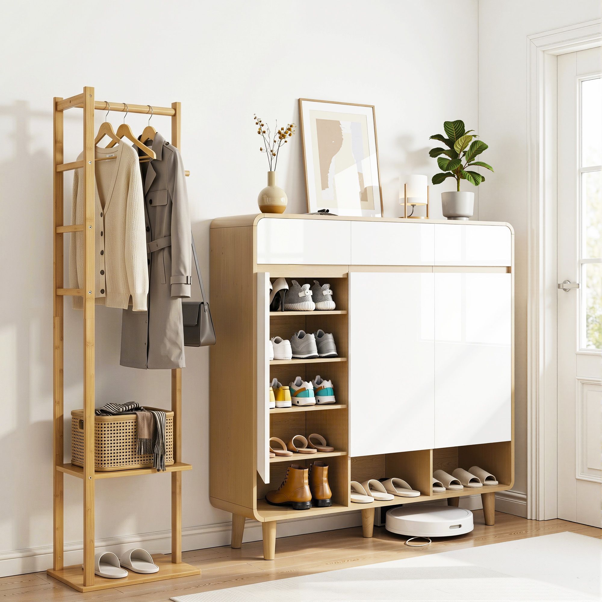 Shoe Rack Cabinet Wooden & Bamboo Clothes Rack Set Storage Shelf White Pine - Furniture > Living Room > Shoe Storage - Rivercity House & Home Co. (ABN 18 642 972 209) - Affordable Modern Furniture Australia