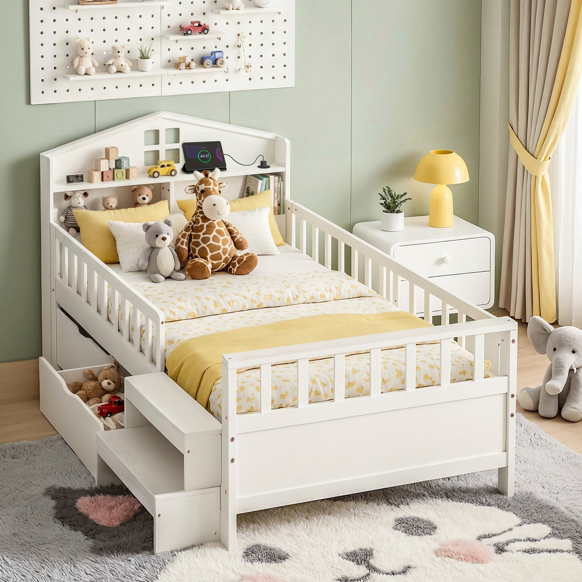 Single Bed Frame with 2 Storage Drawers, Montessori Bed with Headboard, 2 USB Ports & Led Light, Solid Wood Platform Bed Base with Safety Rail & Ladder, 31CM Under - Bed Storage, White - Furniture > Living Room > TV Units - Rivercity House & Home Co. (ABN 18 642 972 209) - Affordable Modern Furniture Australia