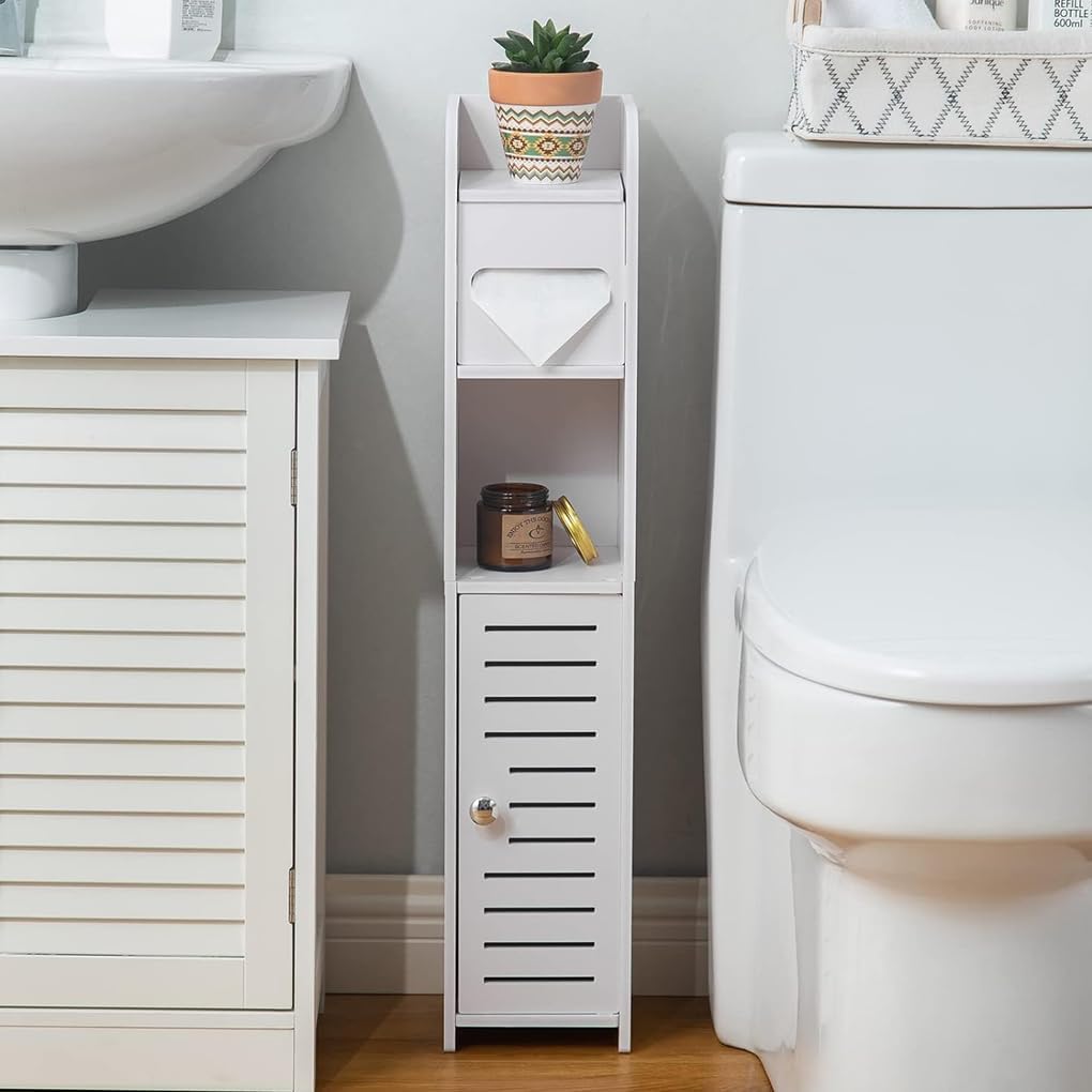 Slim Tall Bathroom Cabinet with Toilet Paper Holder for Toilet or Laundry Room - White - Home & Garden > Bathroom Accessories > Toilet Paper Holders - Rivercity House & Home Co. (ABN 18 642 972 209) - Affordable Modern Furniture Australia