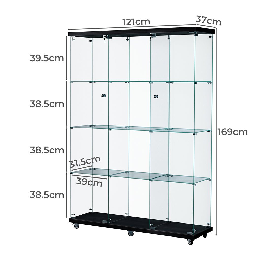Stacked 169cm Tall 4 - Tier Glass Display Cabinet with Wheels and Lock - Black - Rivercity House & Home Co. (ABN 18 642 972 209) - Affordable Modern Furniture Australia