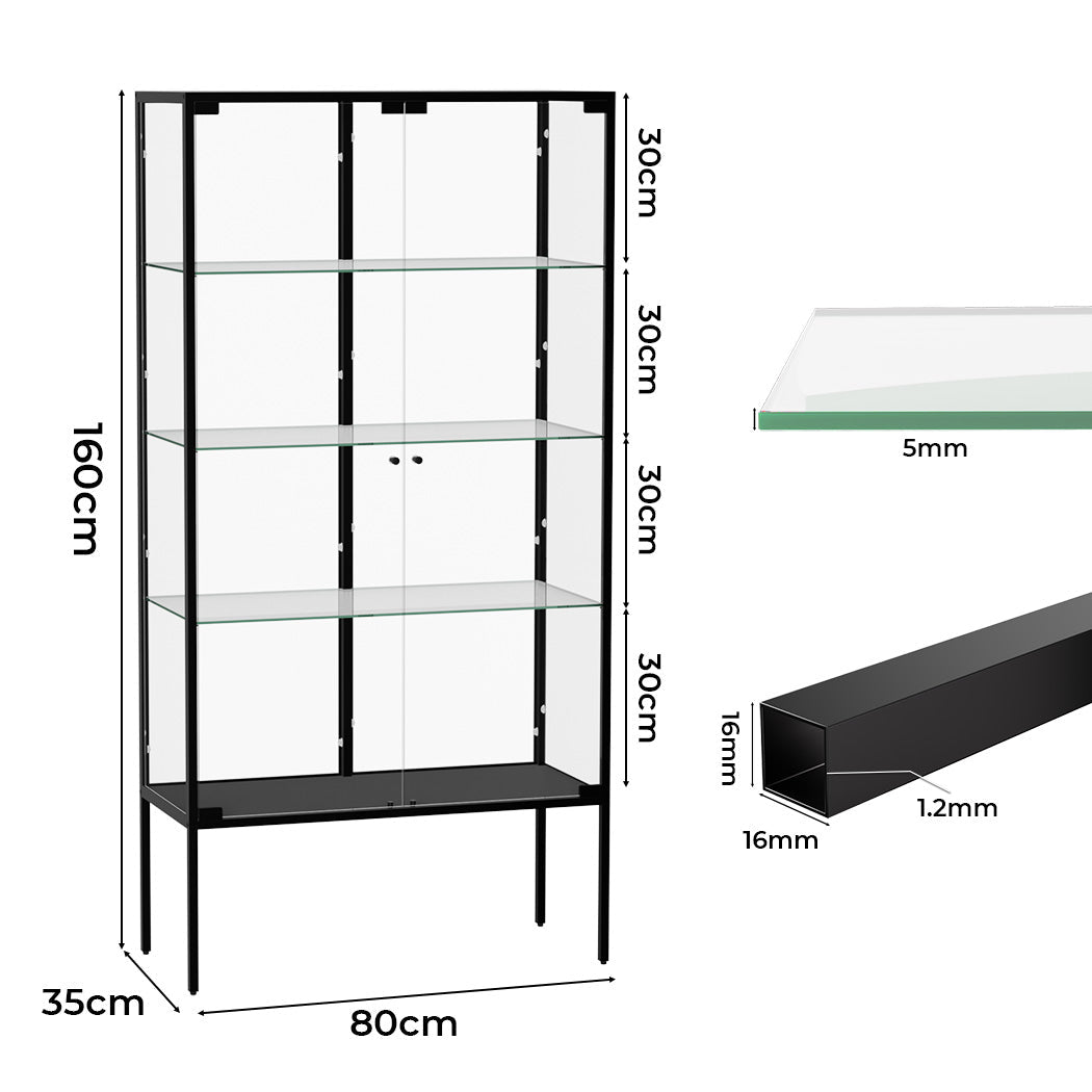 Stacked 4 Tier Glass Display Cabinet 160cm Steel Frame - Black - Rivercity House & Home Co. (ABN 18 642 972 209) - Affordable Modern Furniture Australia