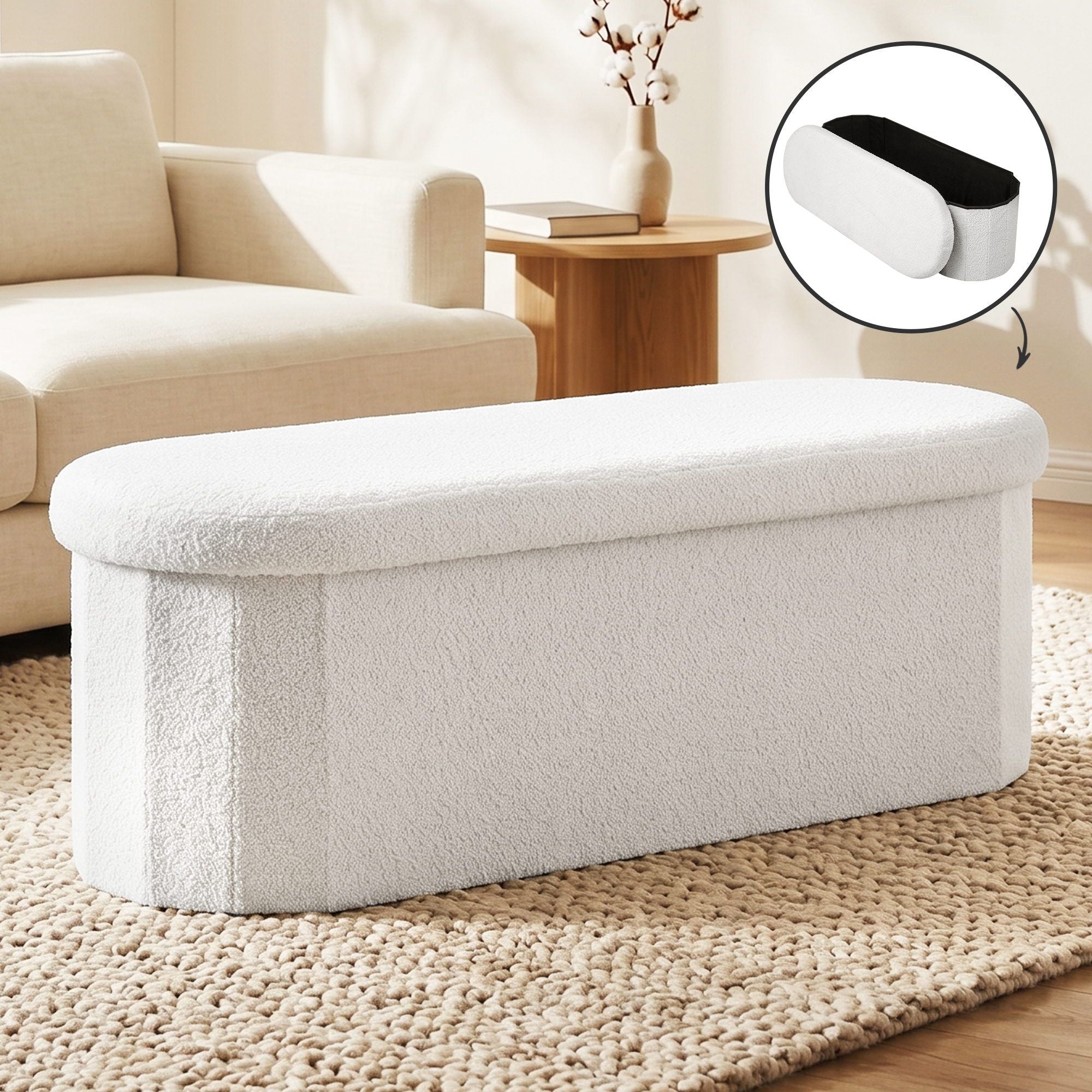 Storage Ottoman Foot Stool Rest Boucle Fabric Foldable White - Furniture > Living Room > Ottomans & Footstools - Rivercity House & Home Co. (ABN 18 642 972 209) - Affordable Modern Furniture Australia