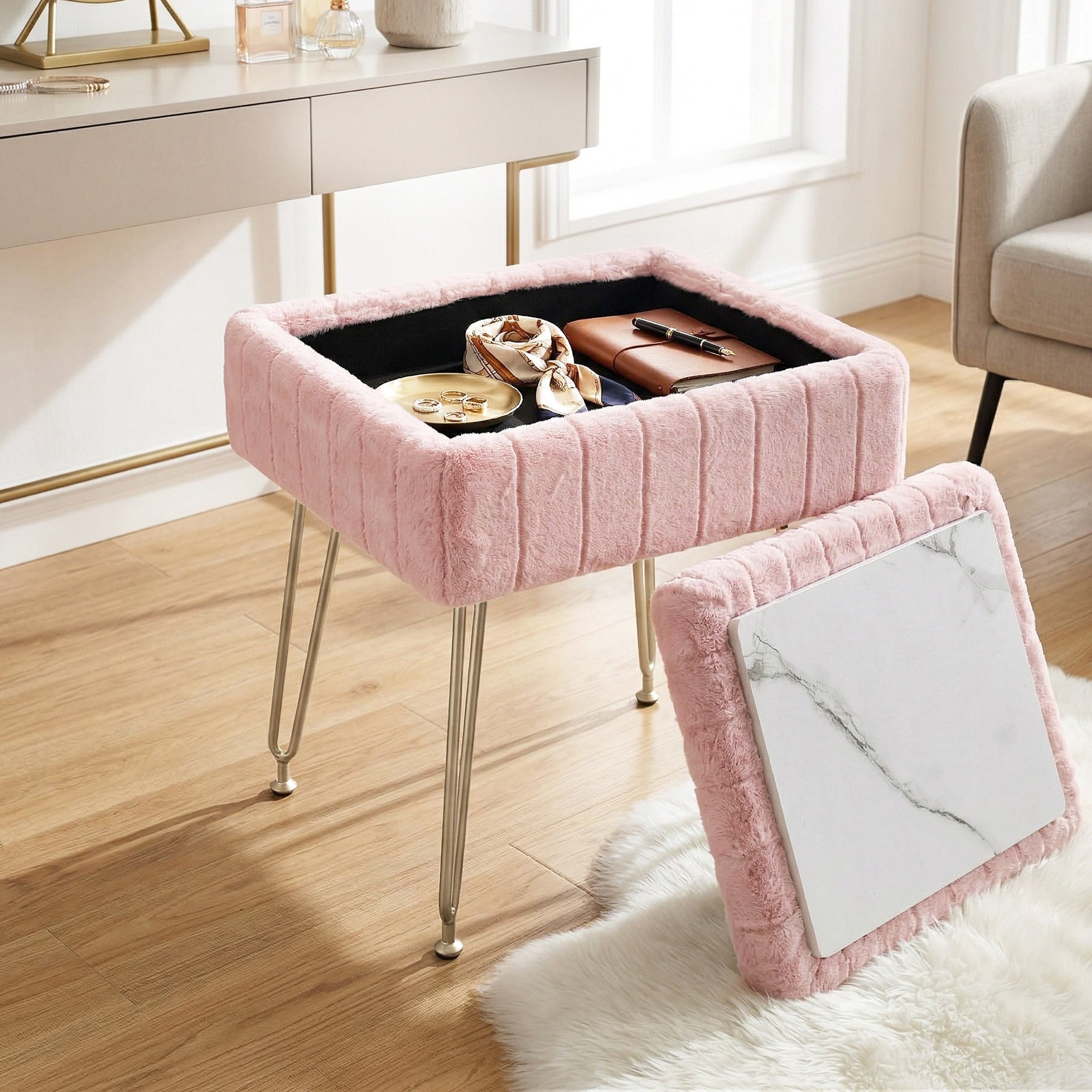 Storage Ottoman Vanity Foot Stool Pink - Furniture > Living Room > Ottomans & Footstools - Rivercity House & Home Co. (ABN 18 642 972 209) - Affordable Modern Furniture Australia