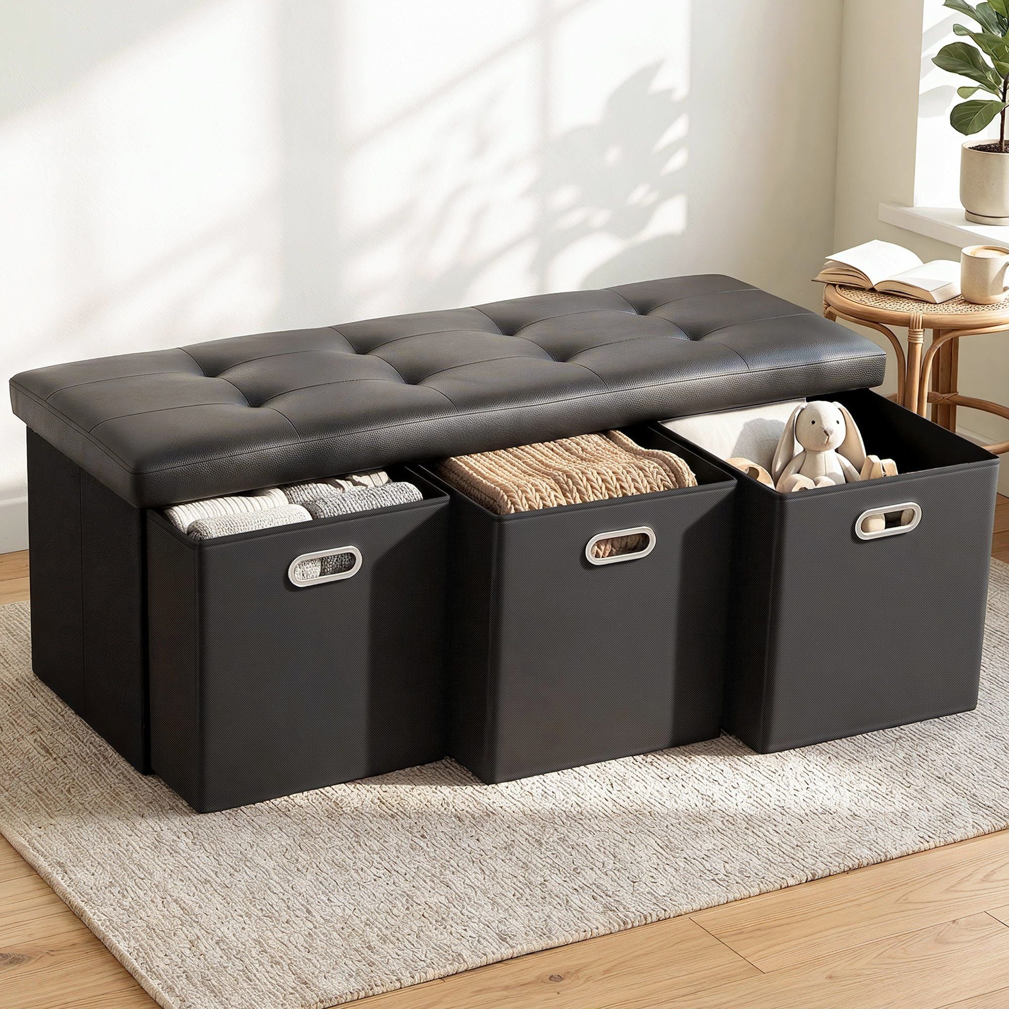 Storage Ottoman with 3 Cube Drawers Foot Stool Rest Foldable Black - Furniture > Living Room > Ottomans & Footstools - Rivercity House & Home Co. (ABN 18 642 972 209) - Affordable Modern Furniture Australia