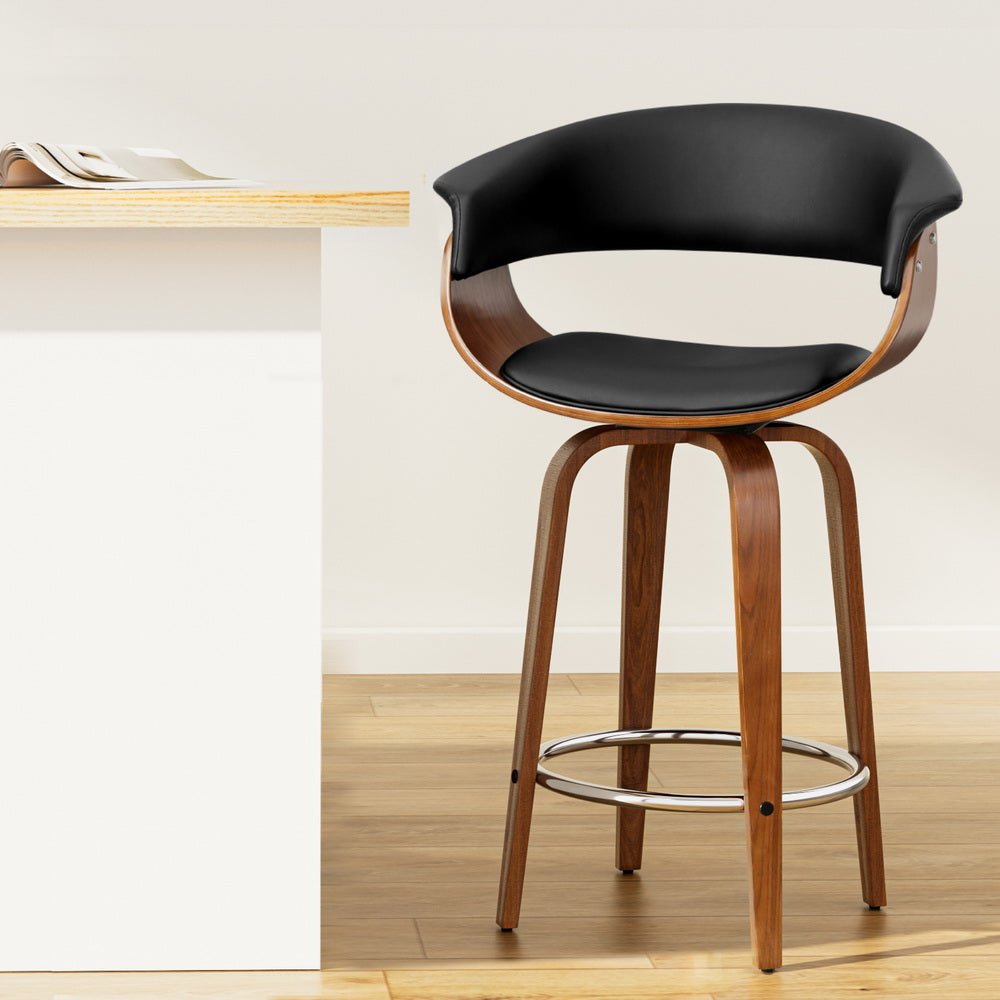 Swivel PU Leather Bar Stool - Wood and Black - Rivercity House & Home Co. (ABN 18 642 972 209) - Affordable Modern Furniture Australia