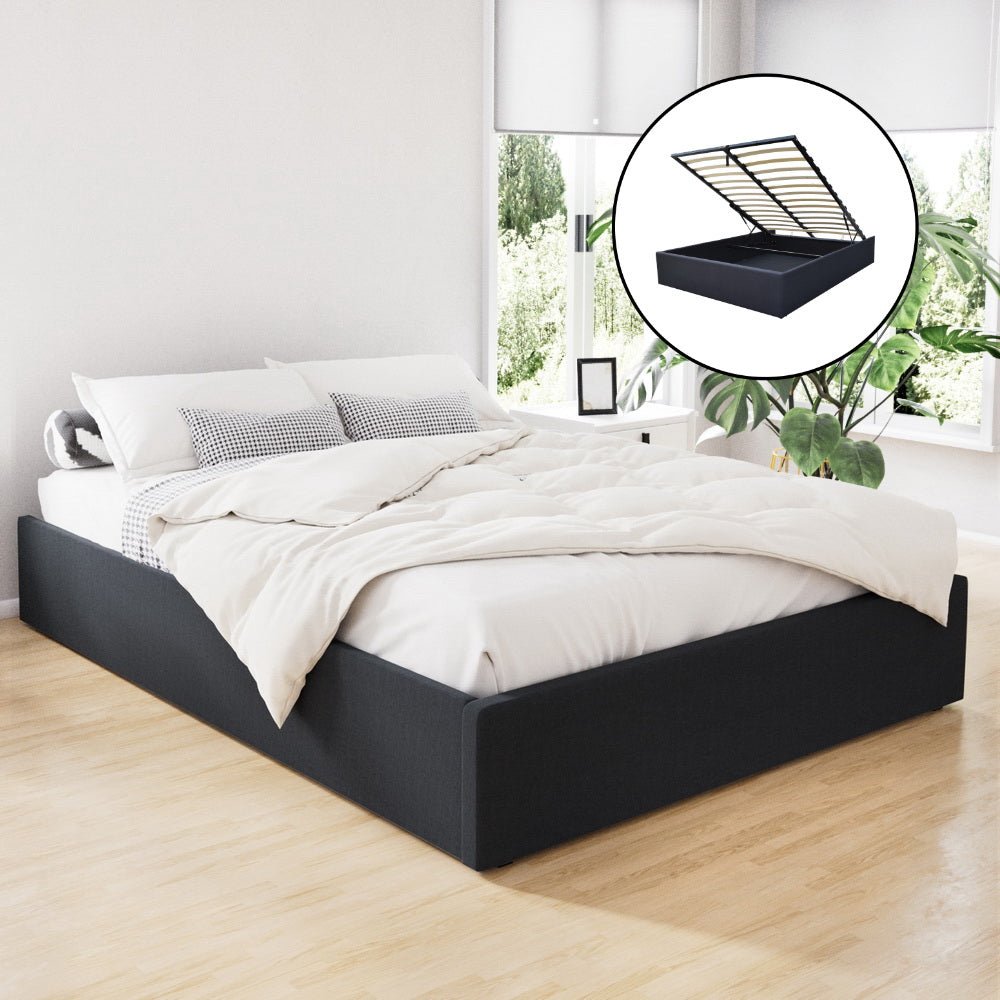 Toki Fabric Double Gas Lift Bed Frame Base with Storage Charcoal - Rivercity House & Home Co. (ABN 18 642 972 209) - Affordable Modern Furniture Australia