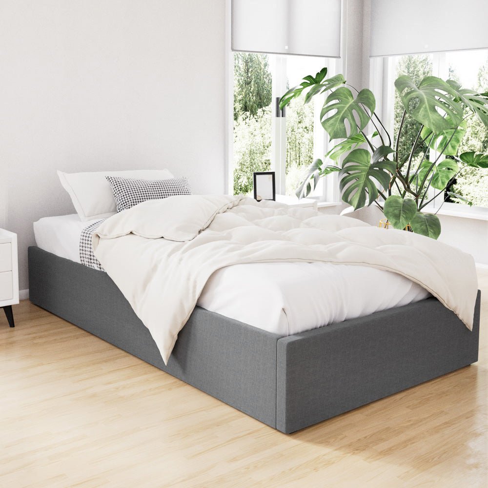 Toki Gas Lift Fabric King Single Bed Frame Base with Storage Grey - Rivercity House & Home Co. (ABN 18 642 972 209) - Affordable Modern Furniture Australia