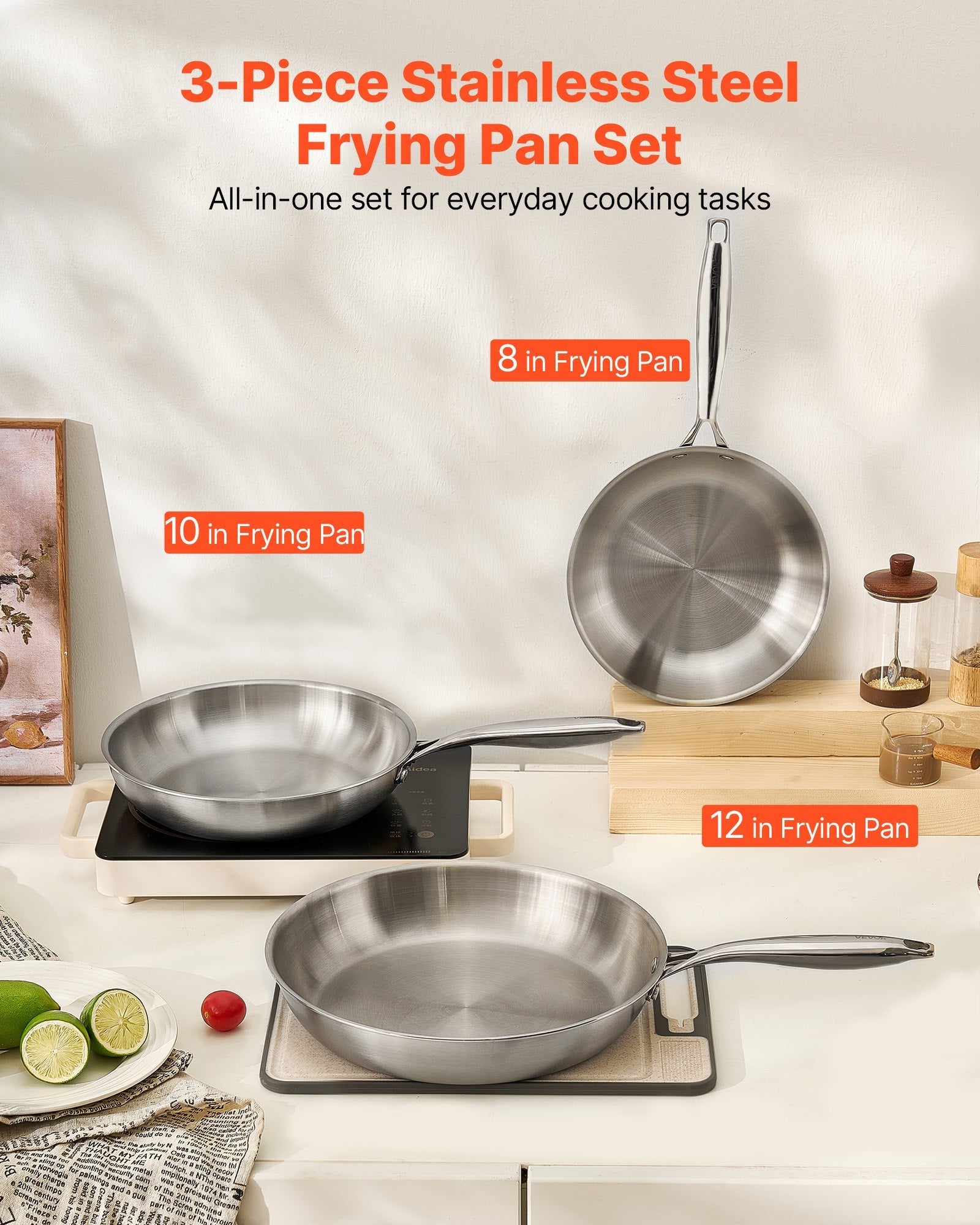 Tri - Ply Stainless Steel Frying Pan, 3 Piece (240, 280, 320 mm), Cooking Skillet with Heat - Resistant Handle, Chef's Kitchen Cookware, Oven, Gas, Electric, Induction, Dishwasher Compatible, Silver - Appliances > Kitchen Appliances > Food Warmers & Chafing Dishes - Rivercity House & Home Co. (ABN 18 642 972 209) - Affordable Modern Furniture Australia