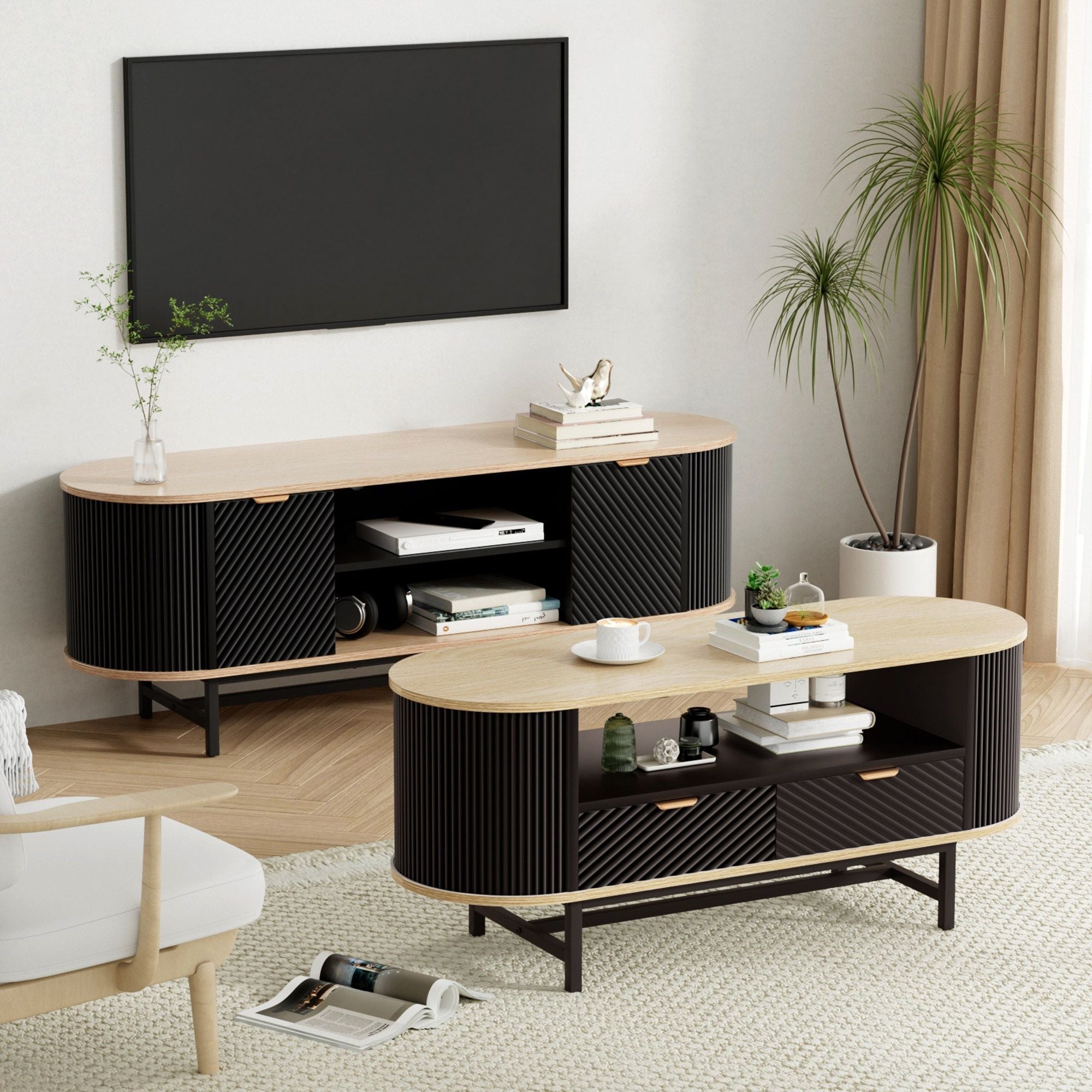 TV Unit & Coffee Table Set Storage Drawers Shelves Black Pine - Furniture > Living Room > TV Units - Rivercity House & Home Co. (ABN 18 642 972 209) - Affordable Modern Furniture Australia
