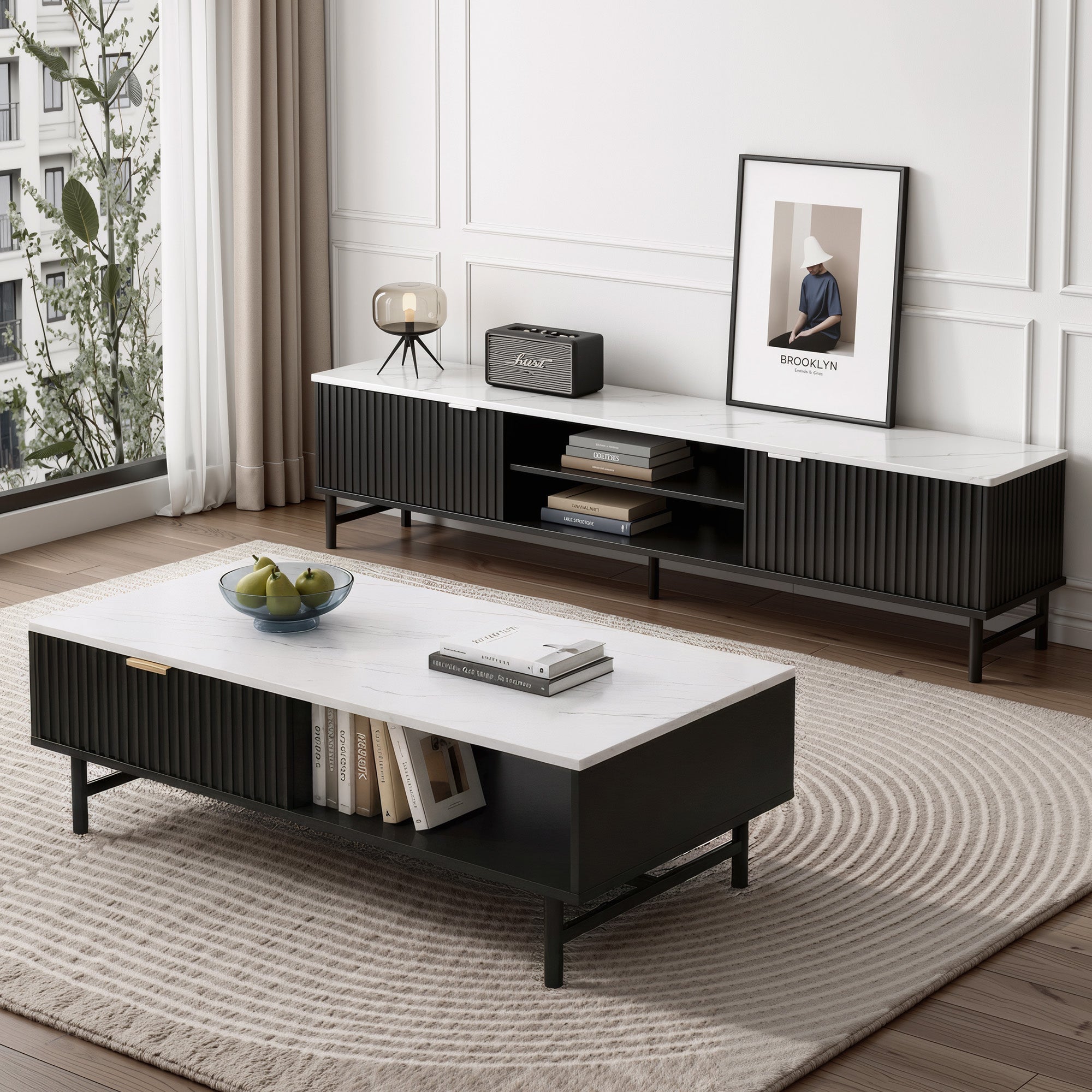 TV Unit & Coffee Table Set Storage Shelf Black - Furniture > Bar Stools & Chairs > Arm Chairs & Recliners - Rivercity House & Home Co. (ABN 18 642 972 209) - Affordable Modern Furniture Australia