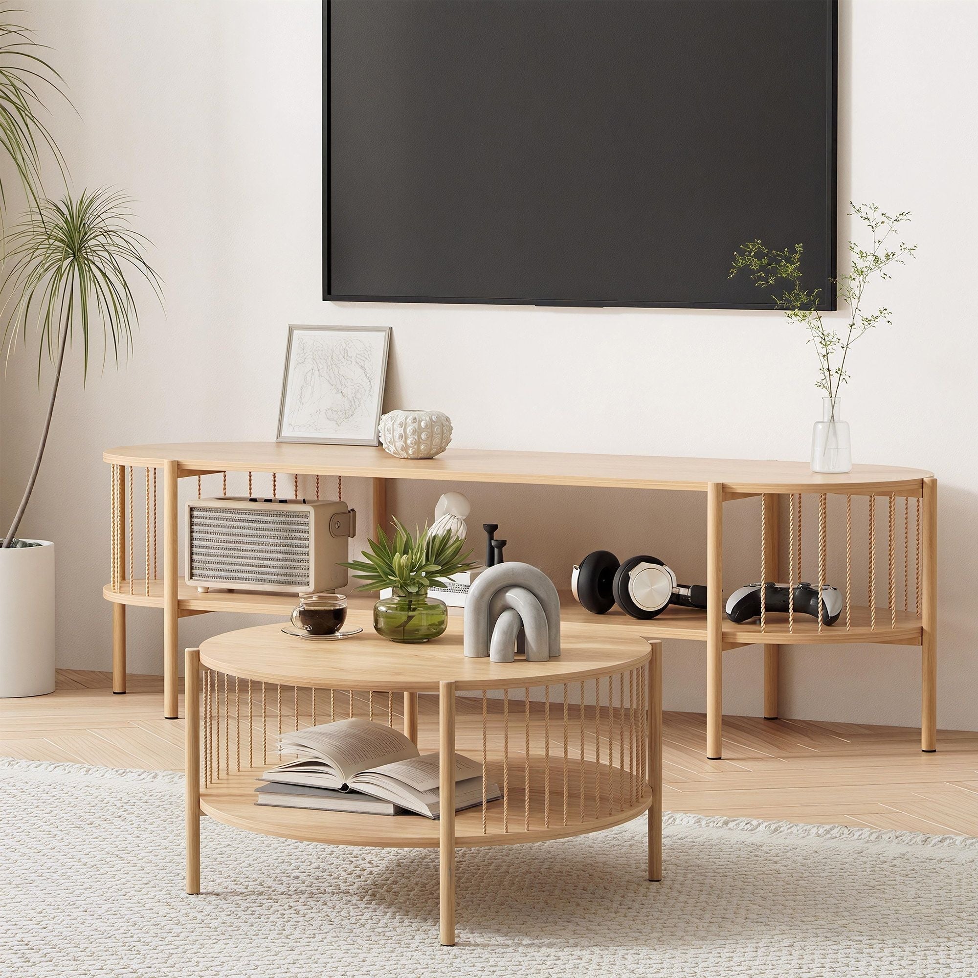 TV Unit & Coffee Table Set Storage Shelf Pine - Furniture > Living Room > TV Units - Rivercity House & Home Co. (ABN 18 642 972 209) - Affordable Modern Furniture Australia