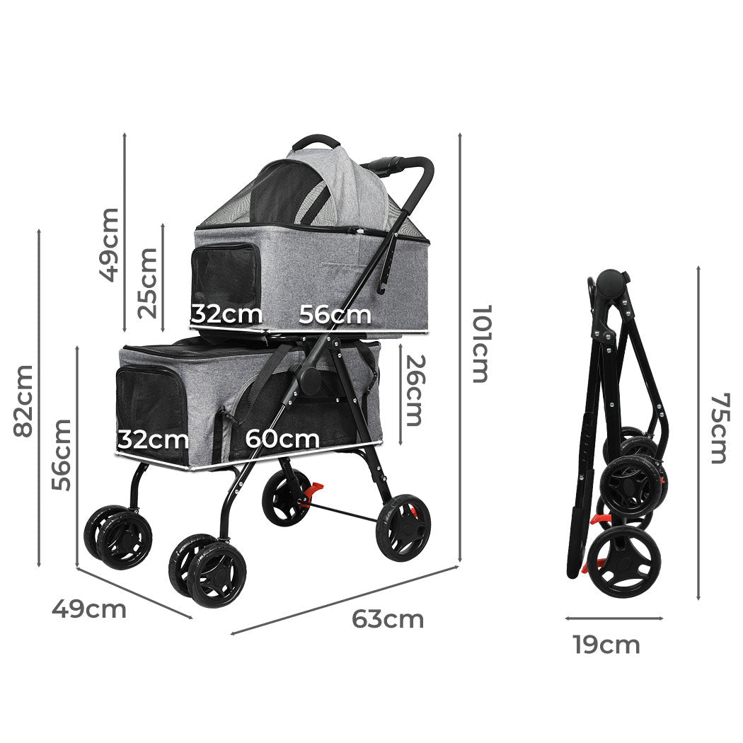 Two - Tier Double Pet Stroller - Grey - Rivercity House & Home Co. (ABN 18 642 972 209) - Affordable Modern Furniture Australia