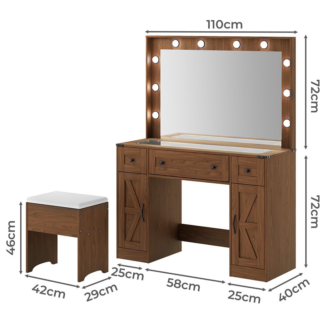 Vanity Dressing Table with LED Makeup Mirror, 3 Drawers & Stool - Vintage Brown - Rivercity House & Home Co. (ABN 18 642 972 209) - Affordable Modern Furniture Australia