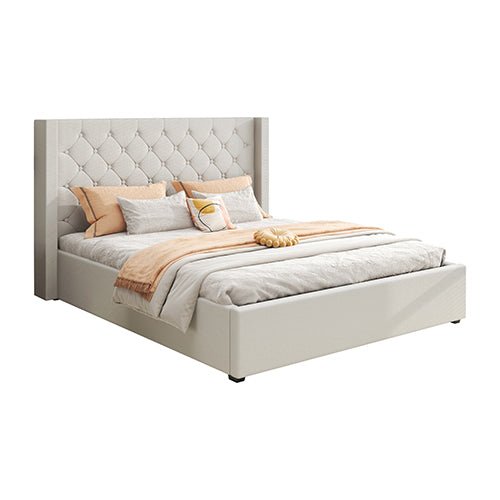 Veronica Queen Size Winged Bed Frame with Gas Lift Storage Seam Grid Pattern - Grey Linen - Furniture > Bedroom > Beds & Bed Frames - Rivercity House & Home Co. (ABN 18 642 972 209) - Affordable Modern Furniture Australia
