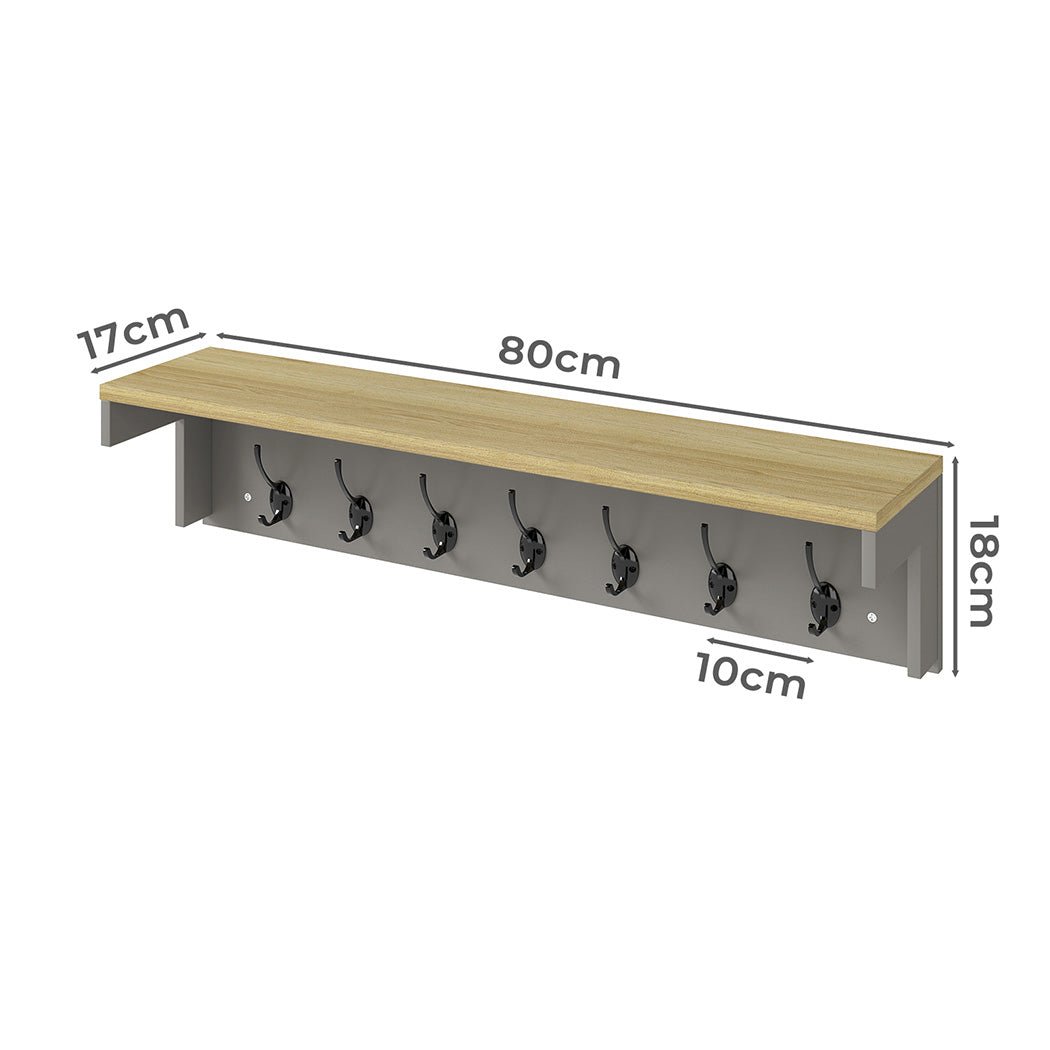 Wall Mounted Coat Rack with 7 Double Hooks and Shelf for Entryway Hallway - Grey - Rivercity House & Home Co. (ABN 18 642 972 209) - Affordable Modern Furniture Australia