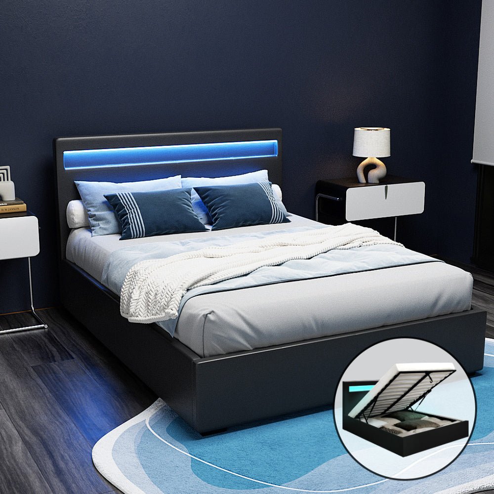 Wanda LED Storage Double Bed Frame Black - Rivercity House & Home Co. (ABN 18 642 972 209) - Affordable Modern Furniture Australia