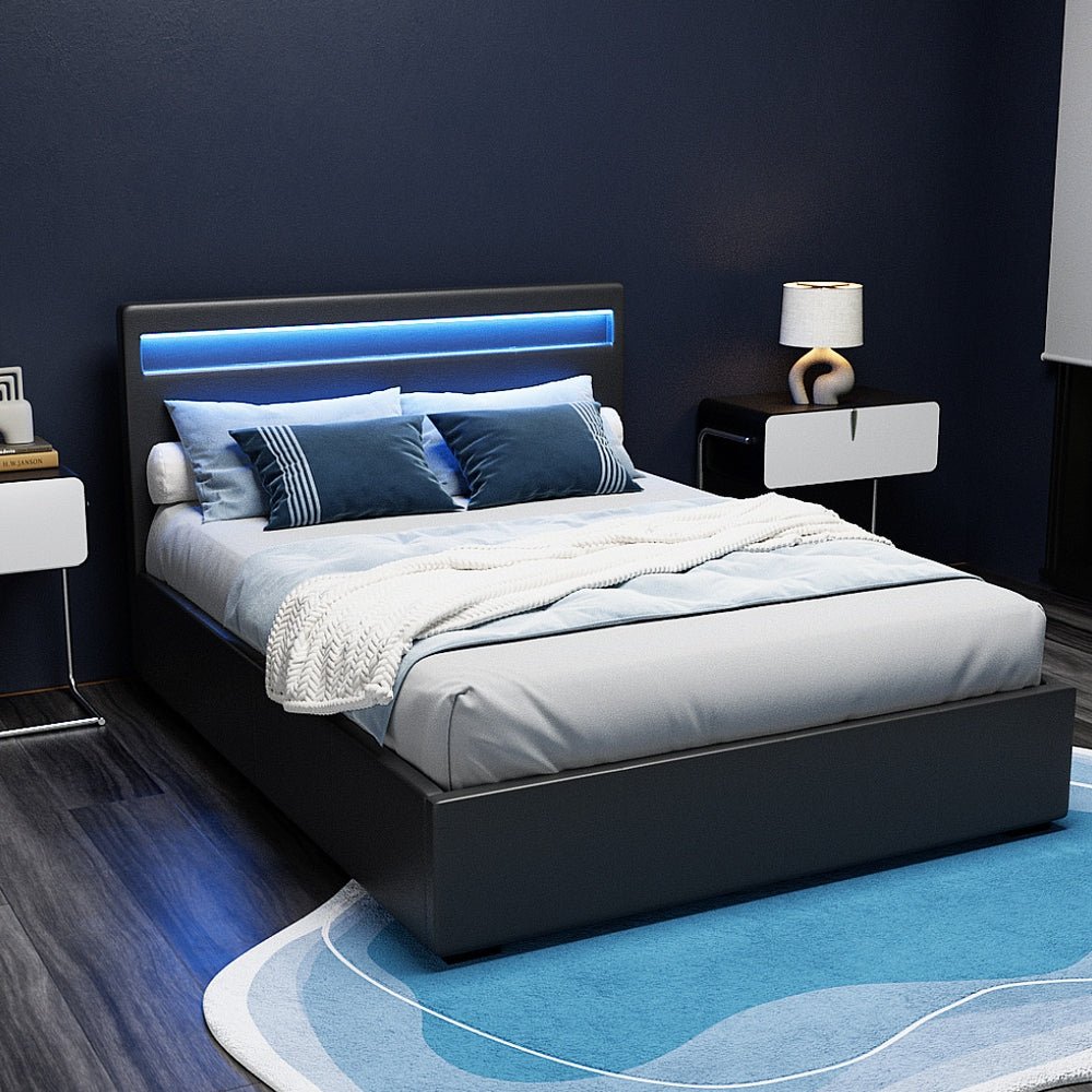 Wanda LED Storage Double Bed Frame Black - Rivercity House & Home Co. (ABN 18 642 972 209) - Affordable Modern Furniture Australia