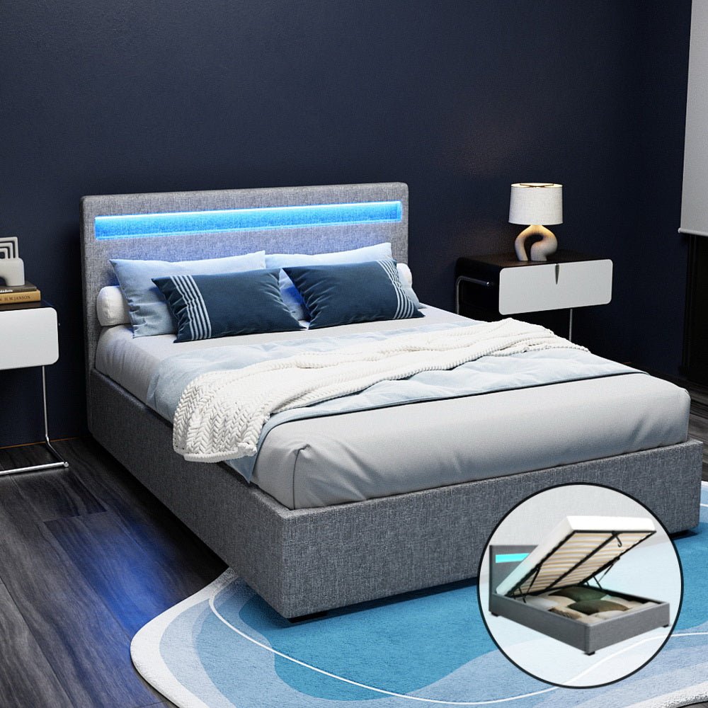 Wanda LED Storage Double Bed Frame Grey - Rivercity House & Home Co. (ABN 18 642 972 209) - Affordable Modern Furniture Australia