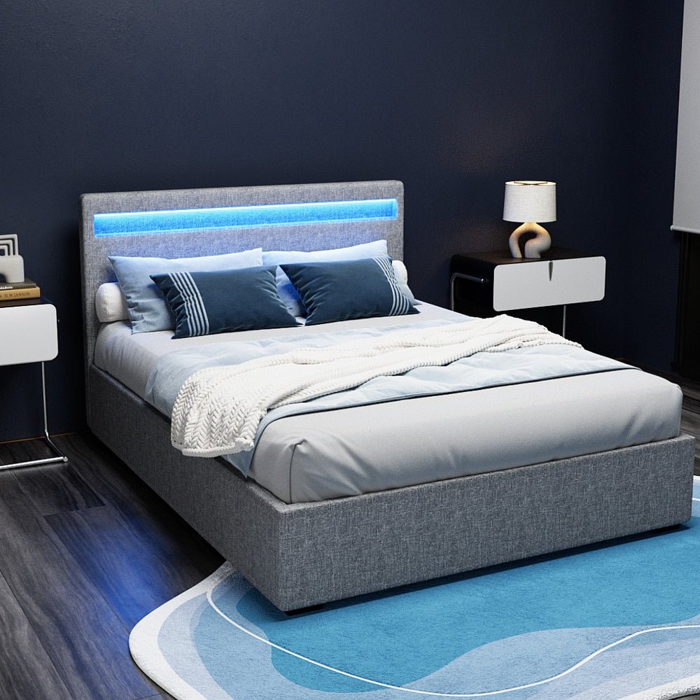 Wanda LED Storage Double Bed Frame Grey - Rivercity House & Home Co. (ABN 18 642 972 209) - Affordable Modern Furniture Australia
