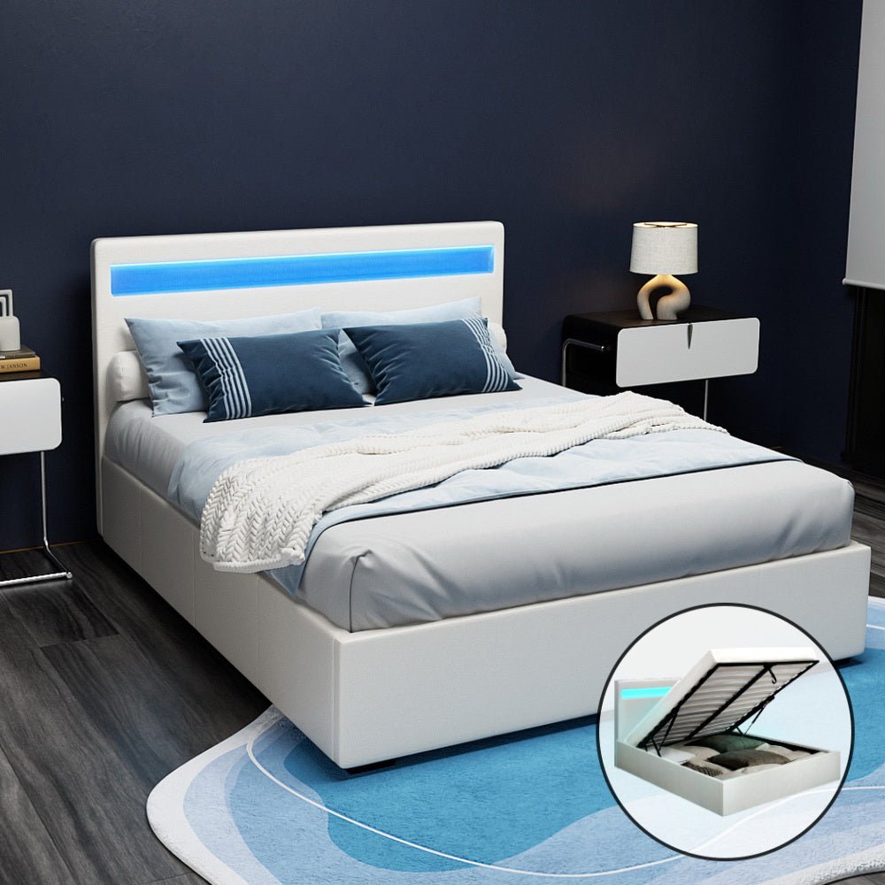 Wanda LED Storage Double Bed Frame White - Rivercity House & Home Co. (ABN 18 642 972 209) - Affordable Modern Furniture Australia