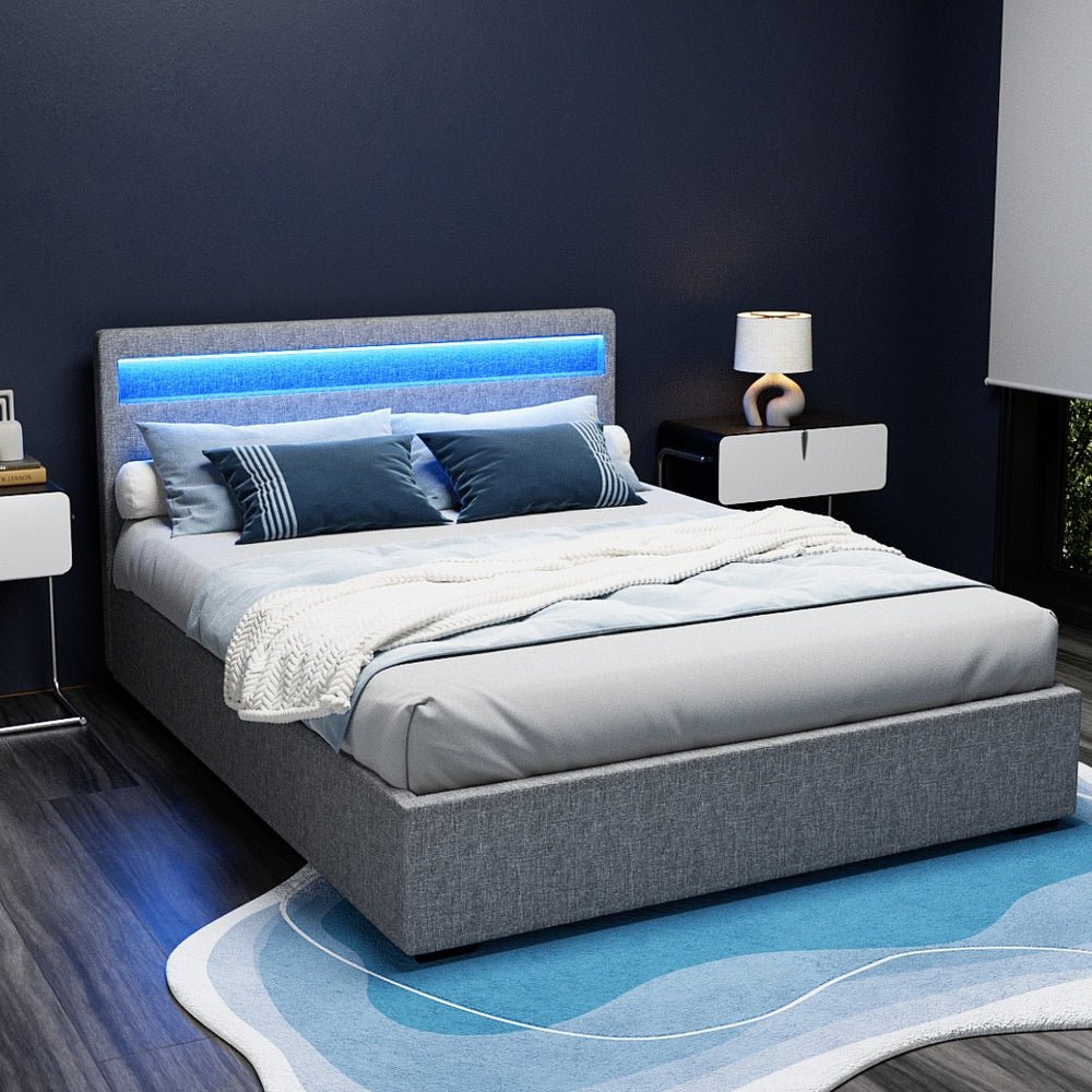 Wanda LED Storage Queen Bed Frame Grey - Rivercity House & Home Co. (ABN 18 642 972 209) - Affordable Modern Furniture Australia
