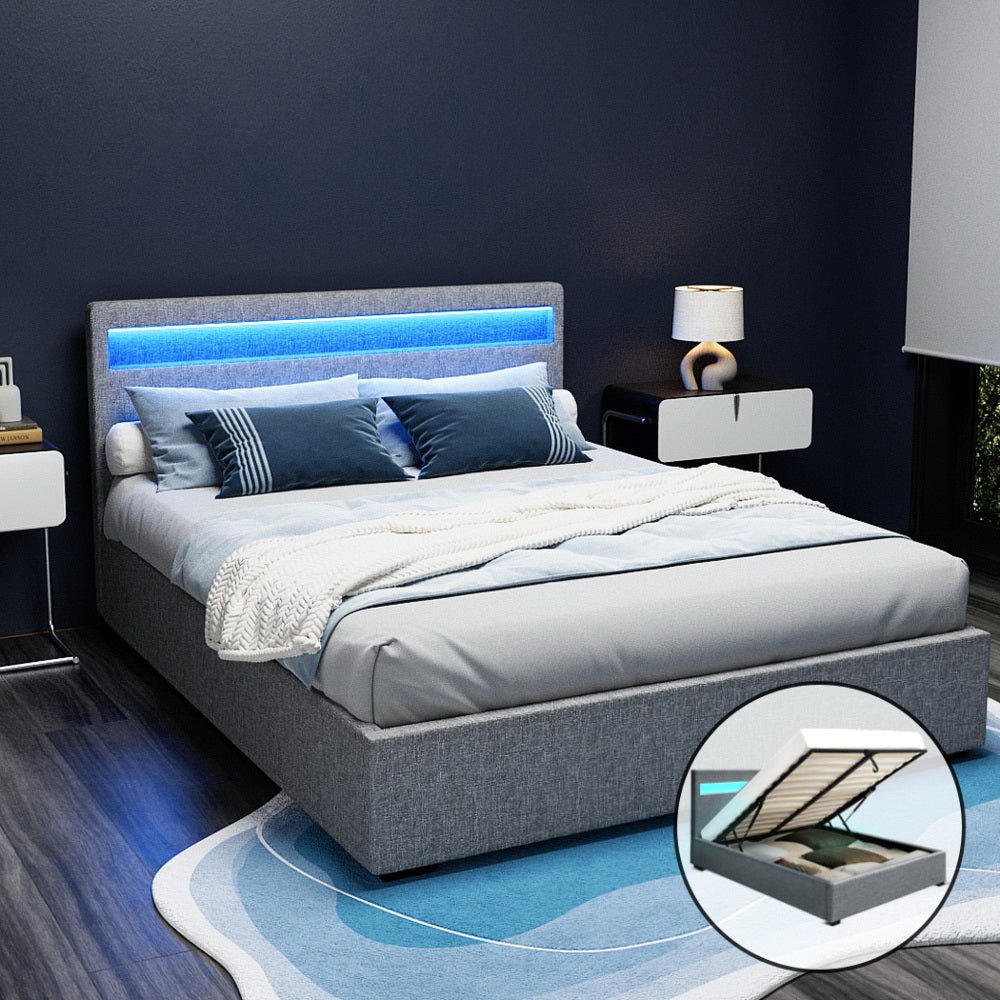 Wanda LED Storage Queen Bed Frame Grey - Rivercity House & Home Co. (ABN 18 642 972 209) - Affordable Modern Furniture Australia