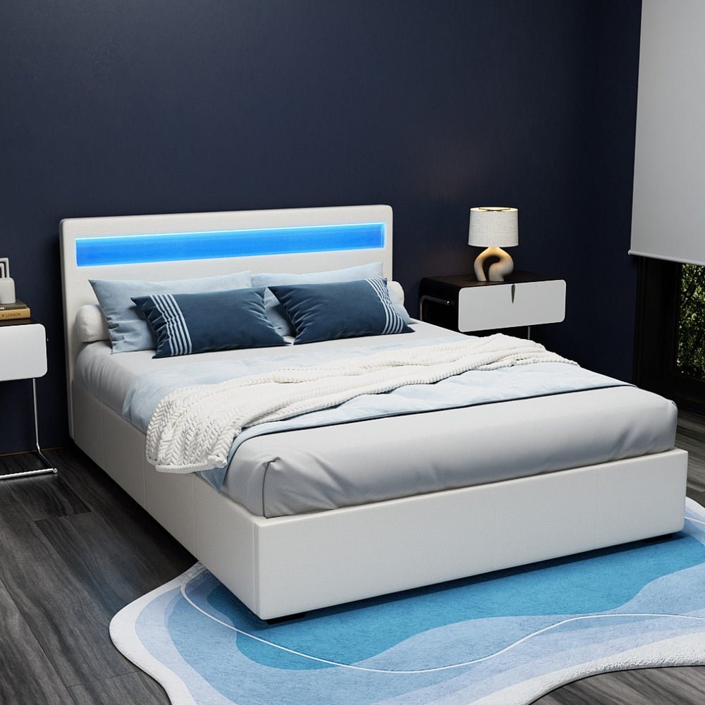 Wanda LED Storage Queen Bed Frame White - Rivercity House & Home Co. (ABN 18 642 972 209) - Affordable Modern Furniture Australia