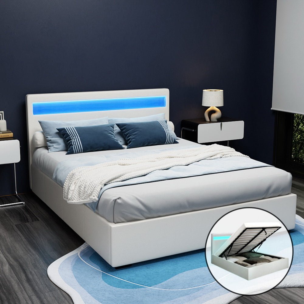 Wanda LED Storage Queen Bed Frame White - Rivercity House & Home Co. (ABN 18 642 972 209) - Affordable Modern Furniture Australia