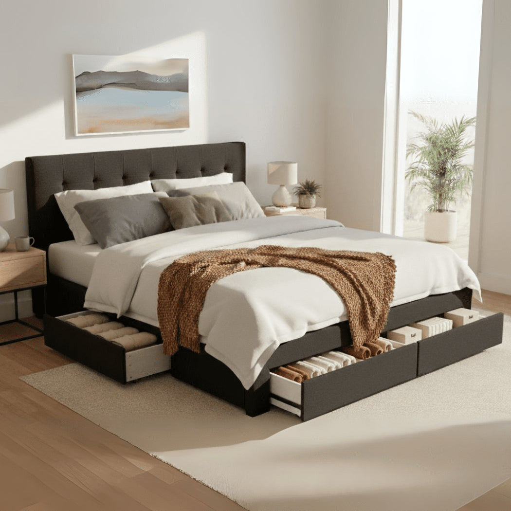 Waverly Fabric Queen Bed Frame with Storage Drawers – Dark Grey - Rivercity House & Home Co. (ABN 18 642 972 209) - Affordable Modern Furniture Australia