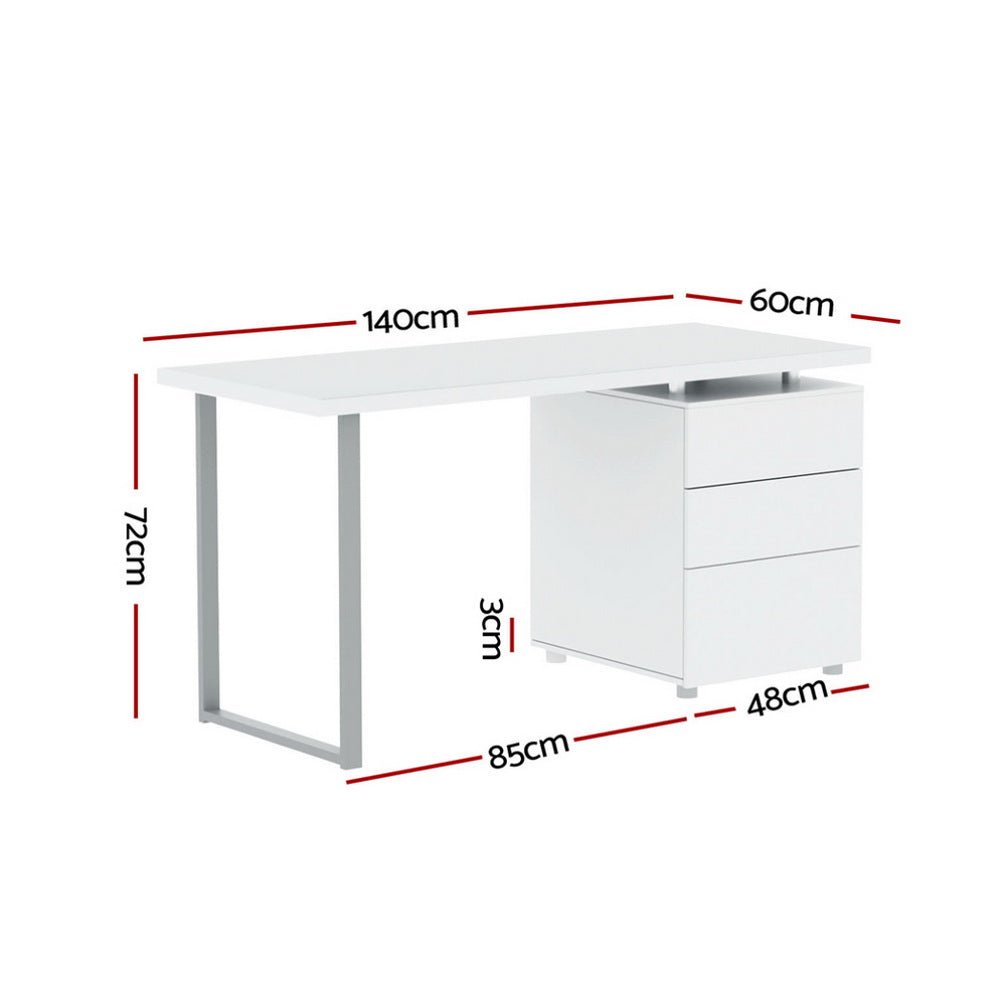 White Computer Desk with 3 Drawers (140CM Long) - Furniture - Rivercity House & Home Co. (ABN 18 642 972 209) - Affordable Modern Furniture Australia