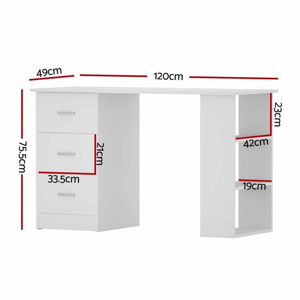 White Computer Desk With 3 Drawers & Shelves 120cm - Furniture - Rivercity House & Home Co. (ABN 18 642 972 209) - Affordable Modern Furniture Australia