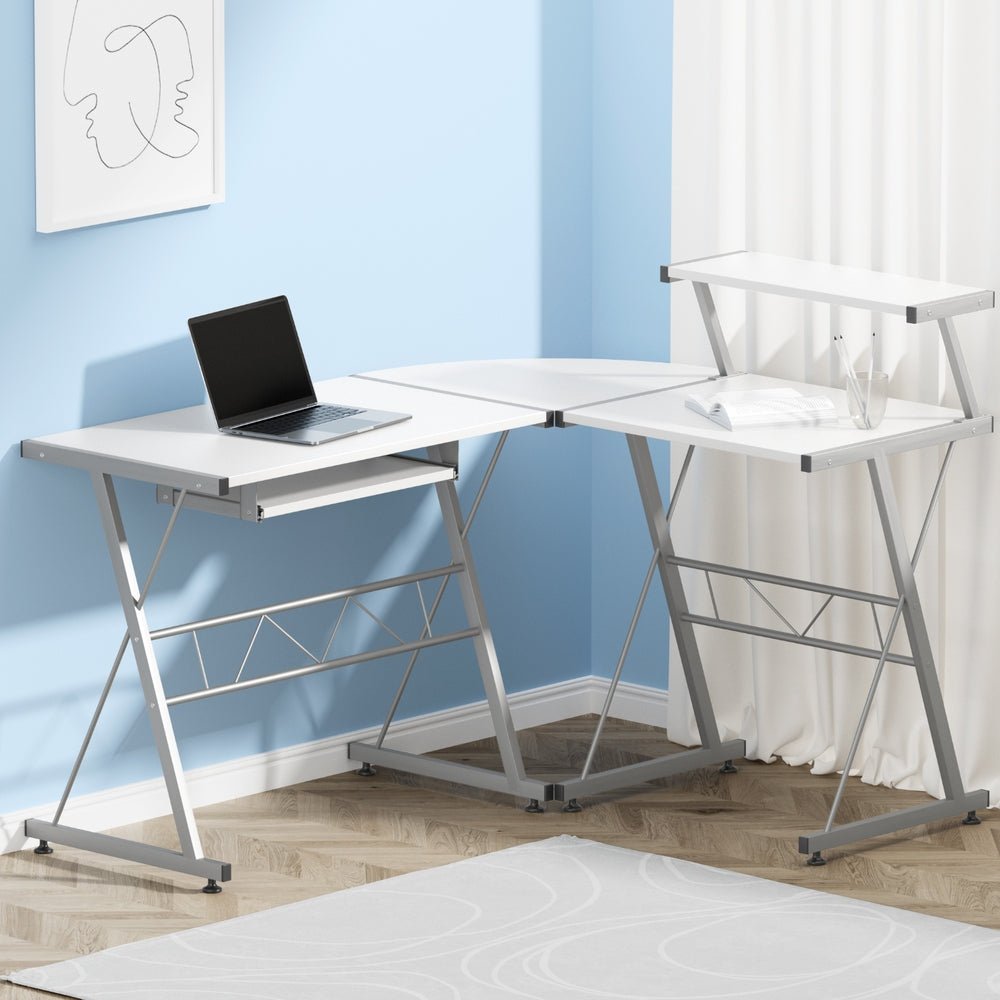 White Metal Desk with Pull Out Keyboard Table & Shelving - Furniture - Rivercity House & Home Co. (ABN 18 642 972 209) - Affordable Modern Furniture Australia