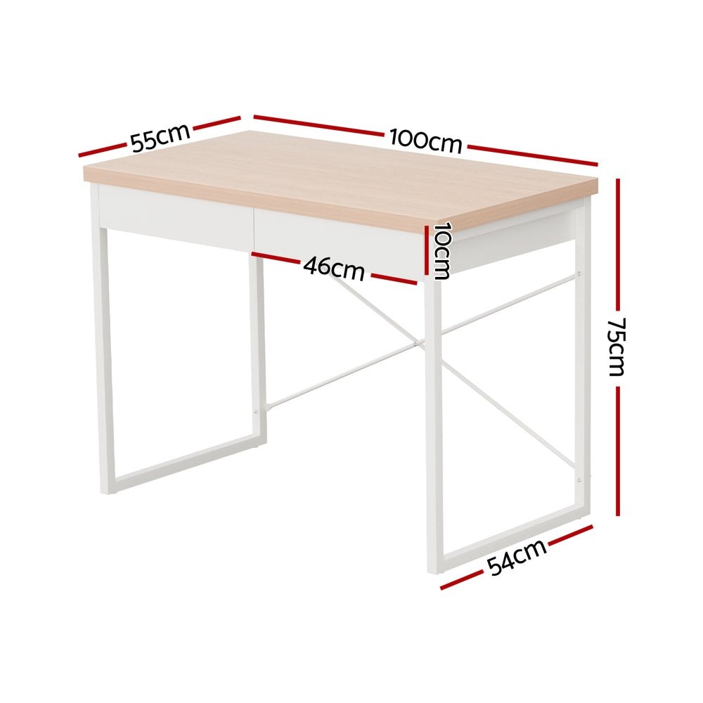 White & Oak Metal Computer Desk with Drawers - Furniture - Rivercity House & Home Co. (ABN 18 642 972 209) - Affordable Modern Furniture Australia