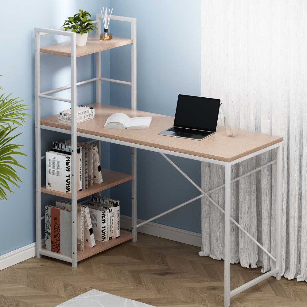 White & Oak Metal Computer Desk with Shelving - Furniture - Rivercity House & Home Co. (ABN 18 642 972 209) - Affordable Modern Furniture Australia