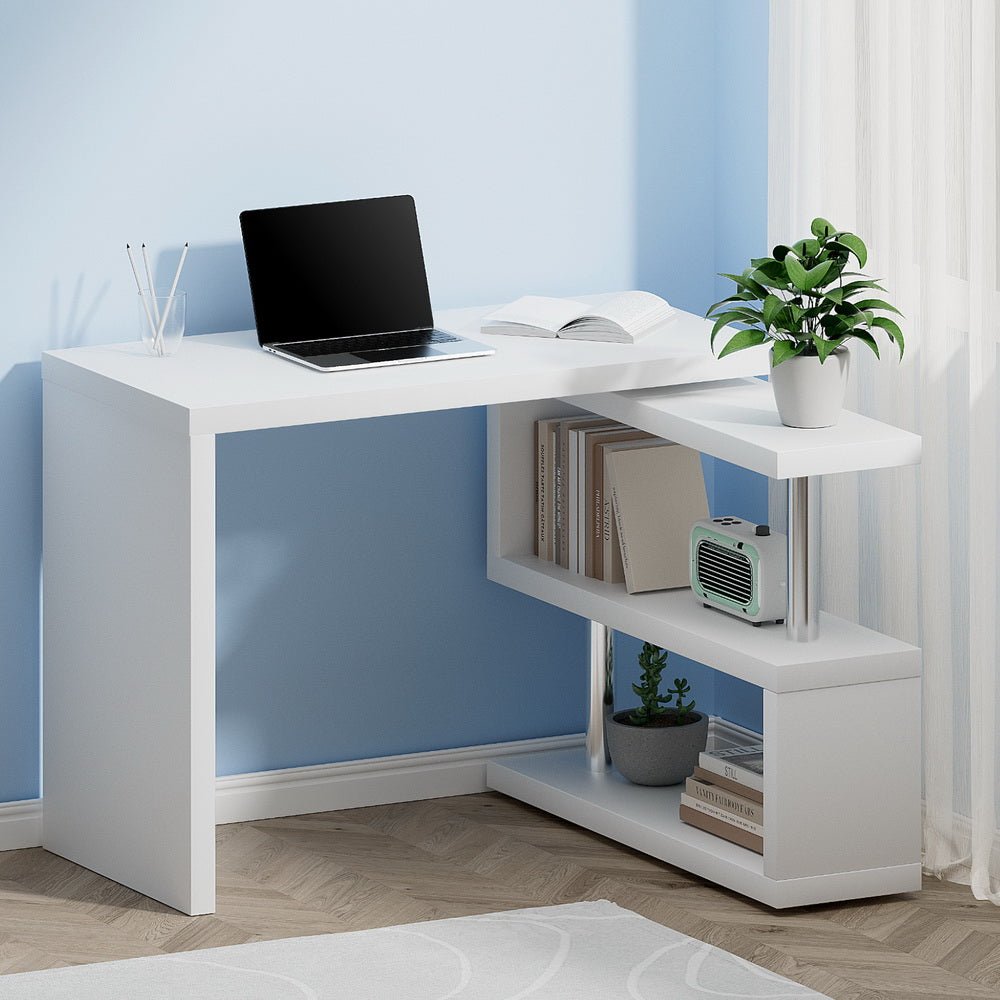 White Rotary Corner Desk with Bookshelf - Furniture - Rivercity House & Home Co. (ABN 18 642 972 209) - Affordable Modern Furniture Australia