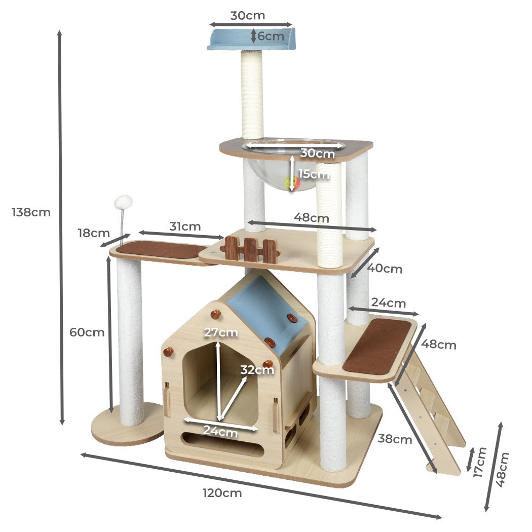 Wooden Cat Tree with Scratching Posts and Toys - Natural - Rivercity House & Home Co. (ABN 18 642 972 209) - Affordable Modern Furniture Australia