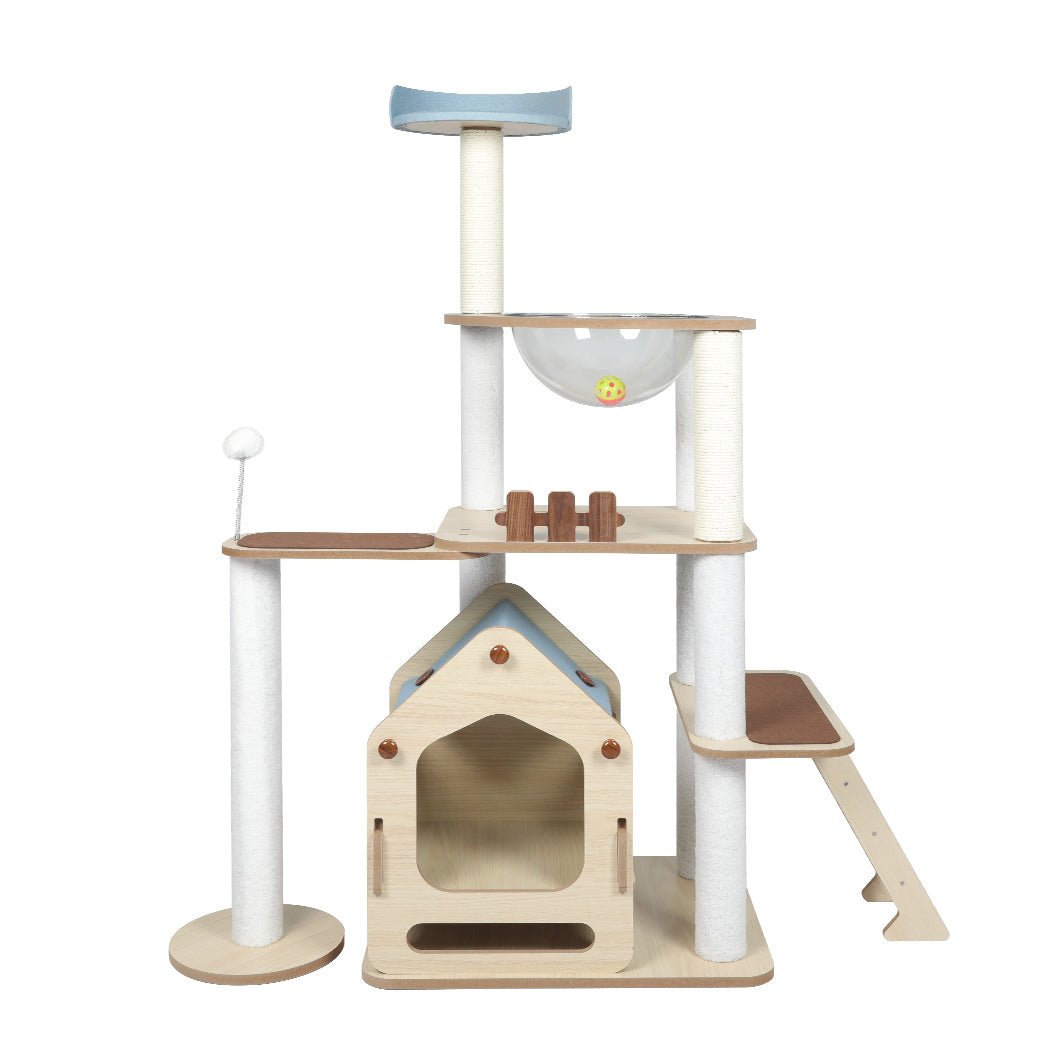 Wooden Cat Tree with Scratching Posts and Toys - Natural - Rivercity House & Home Co. (ABN 18 642 972 209) - Affordable Modern Furniture Australia